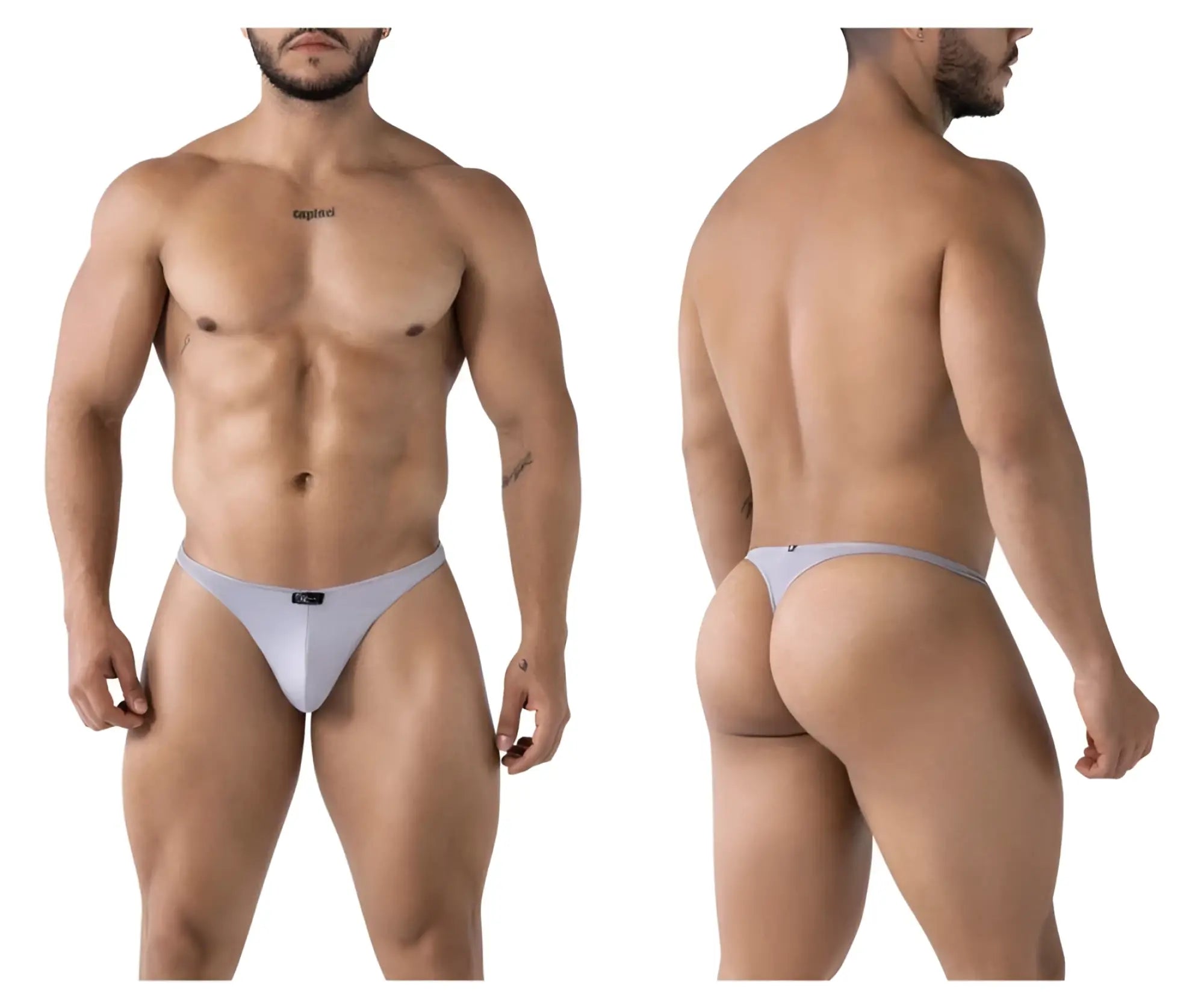 Light gray Xtremen 91217 microfiber thong with a subtle brand logo on the front seamless design