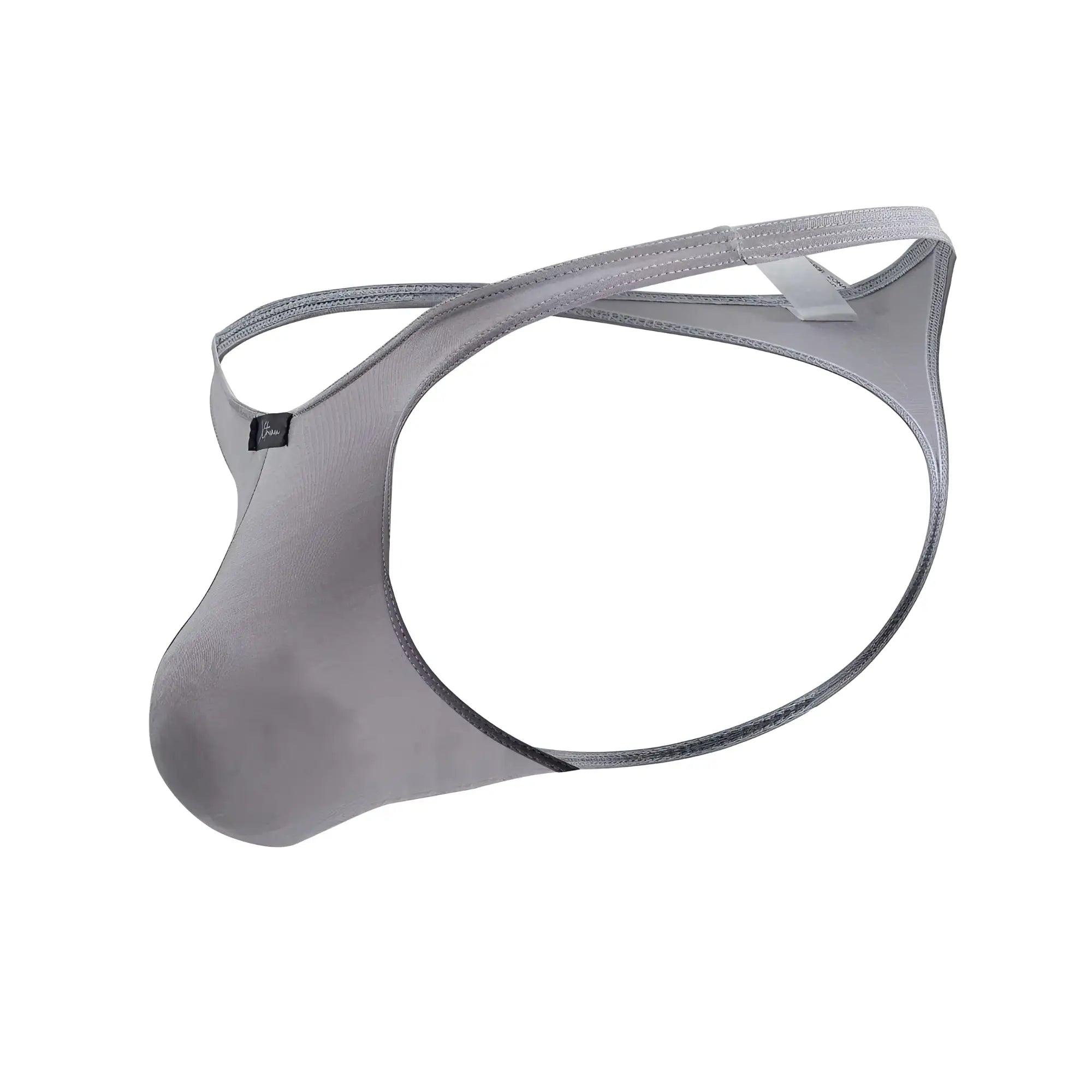 Gray Xtremen 91217 microfiber men’s thong with mesh fabric, contoured support, and adjustable straps shown from the back