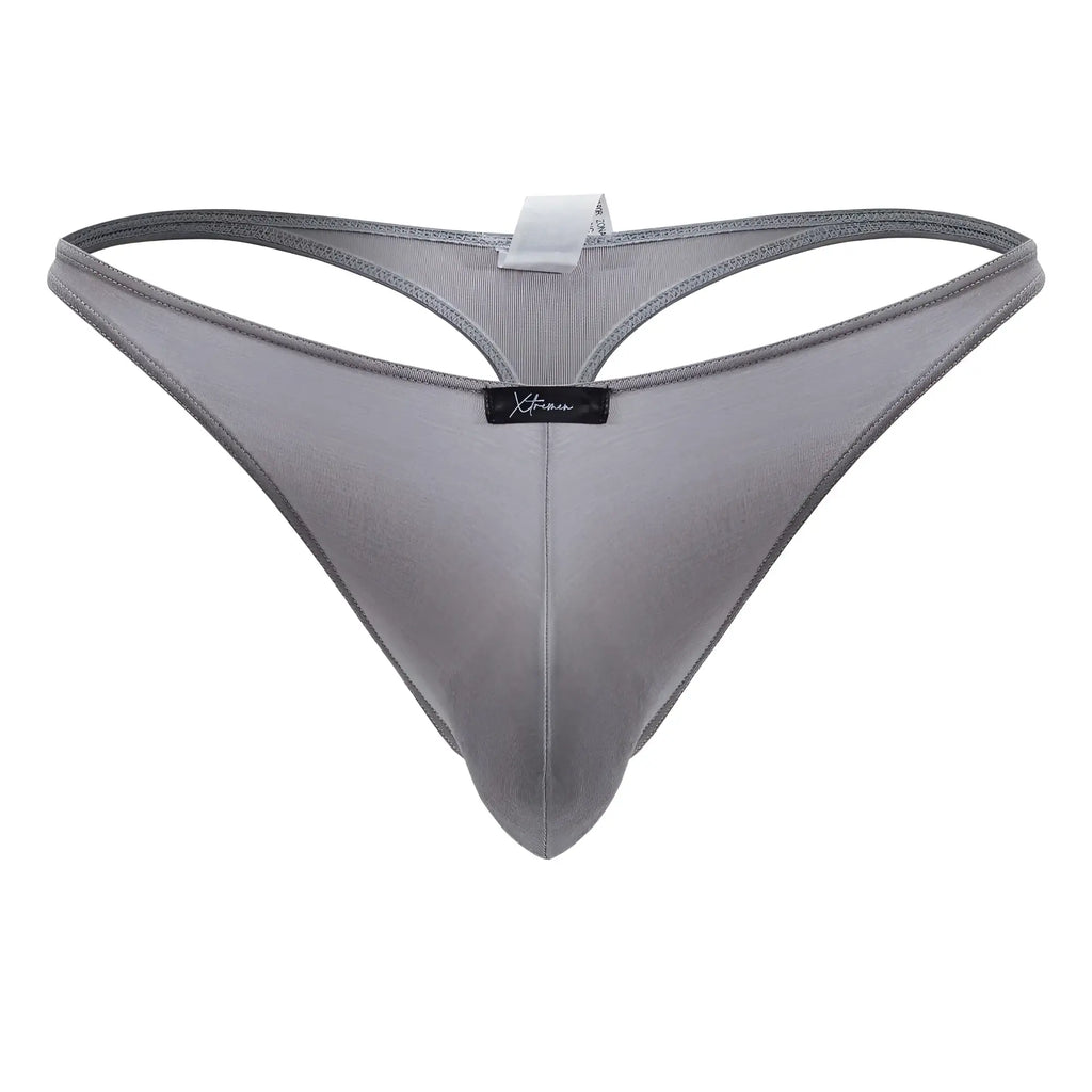 Gray xtremen 91217 microfiber thong with subtle mesh texture and black brand tag at center front
