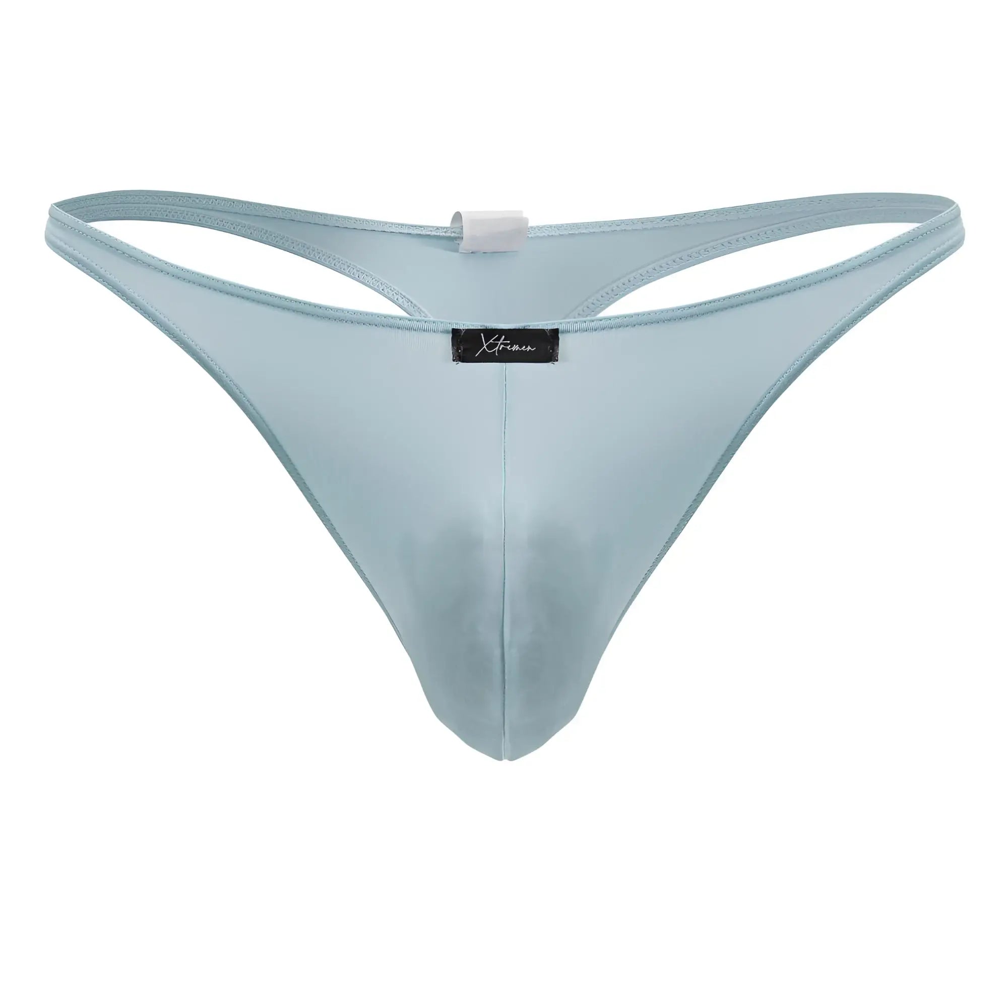 Light blue sheer mesh Xtremen 91217 microfiber thong with a black brand tag in color seawater