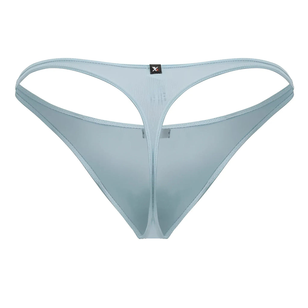 Light blue sheer mesh thong with thin supportive design and black Xtremen brand tag at the back in color seawater