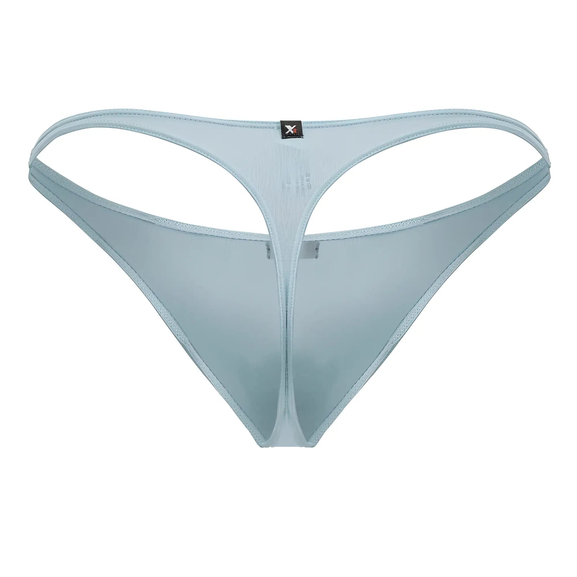 Light blue sheer mesh thong with thin supportive design and black Xtremen brand tag at the back in color seawater