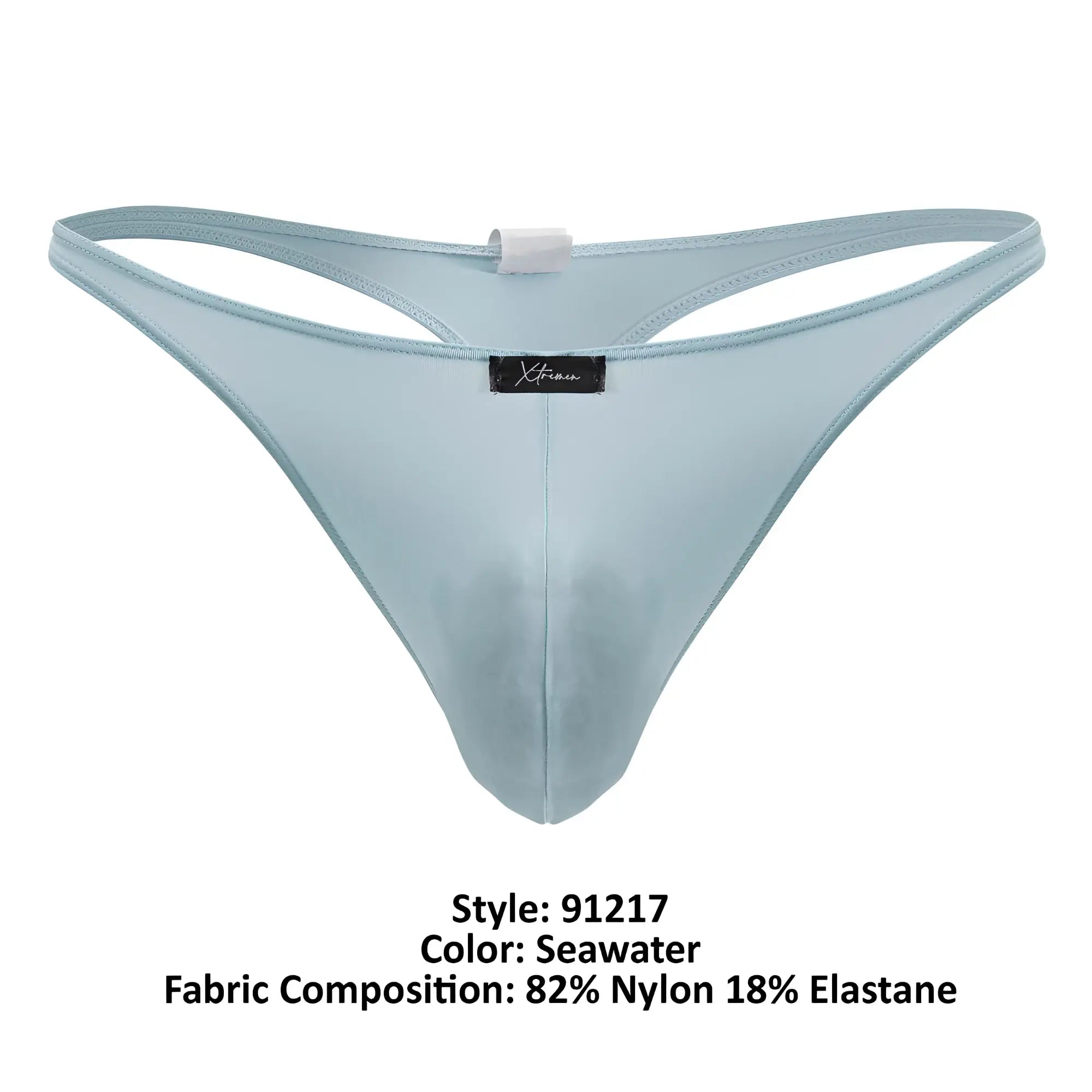 A sleek light blue seawater microfiber thong made from 82 nylon and 18 elastane fabric by Xtremen