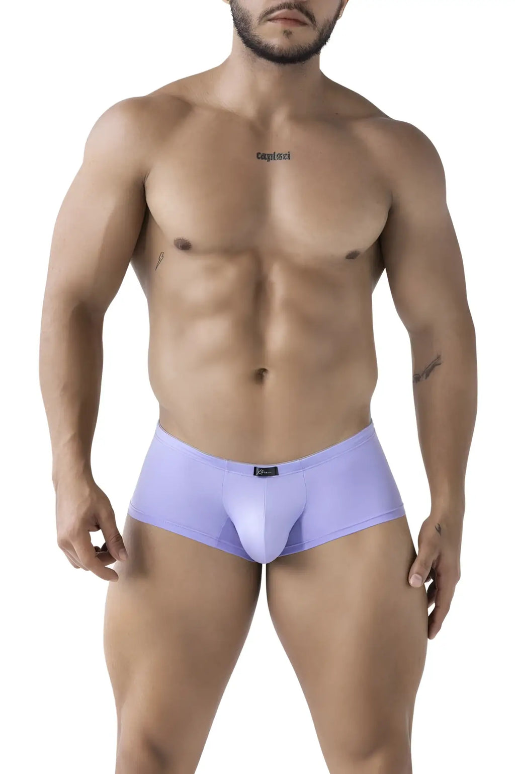 Light purple form-fitting men’s microfiber briefs with smooth elastic waistband and subtle xtremen logo at front