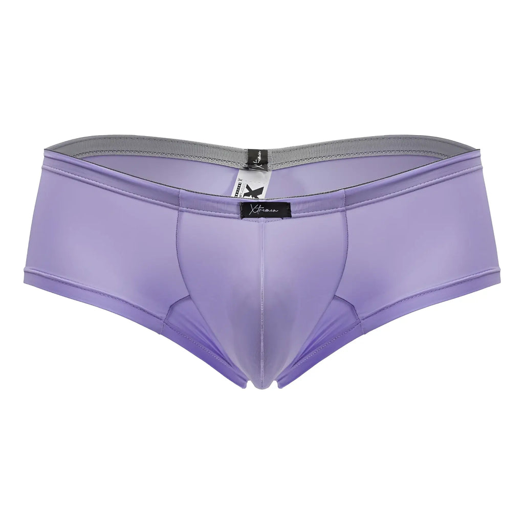 Purple satin like xtremen 91219 microfiber trunks with gray waistband and black brand tags for men