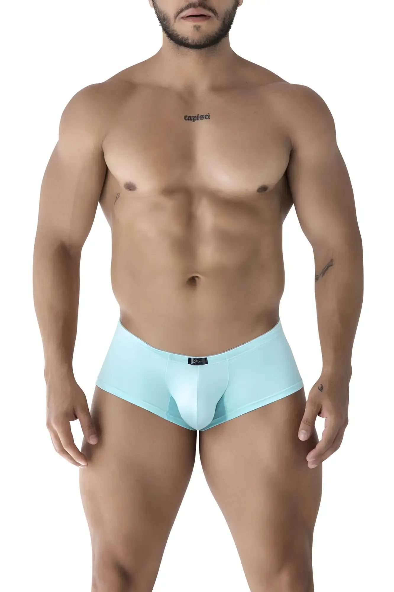 Light blue xtremen 91219 microfiber trunks with a sleek smooth fabric and a small black brand tag at the waistband