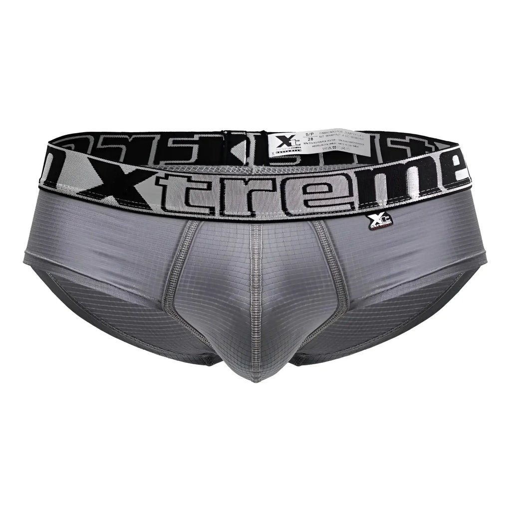 Gray xtreme microfiber briefs with a black and white patterned waistband model xtremen 91221 front view