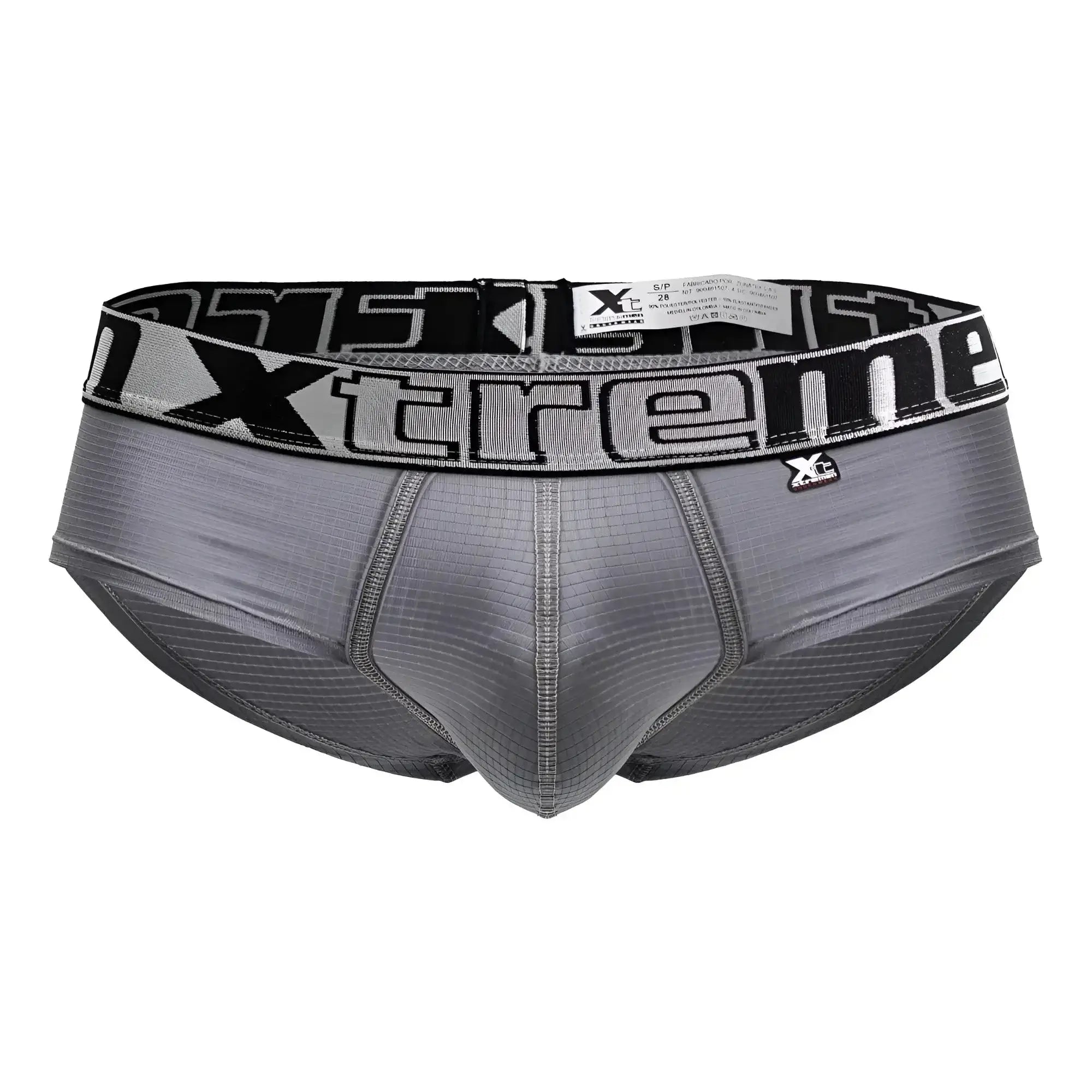 Gray xtreme microfiber briefs with a black and white patterned waistband model xtremen 91221 front view