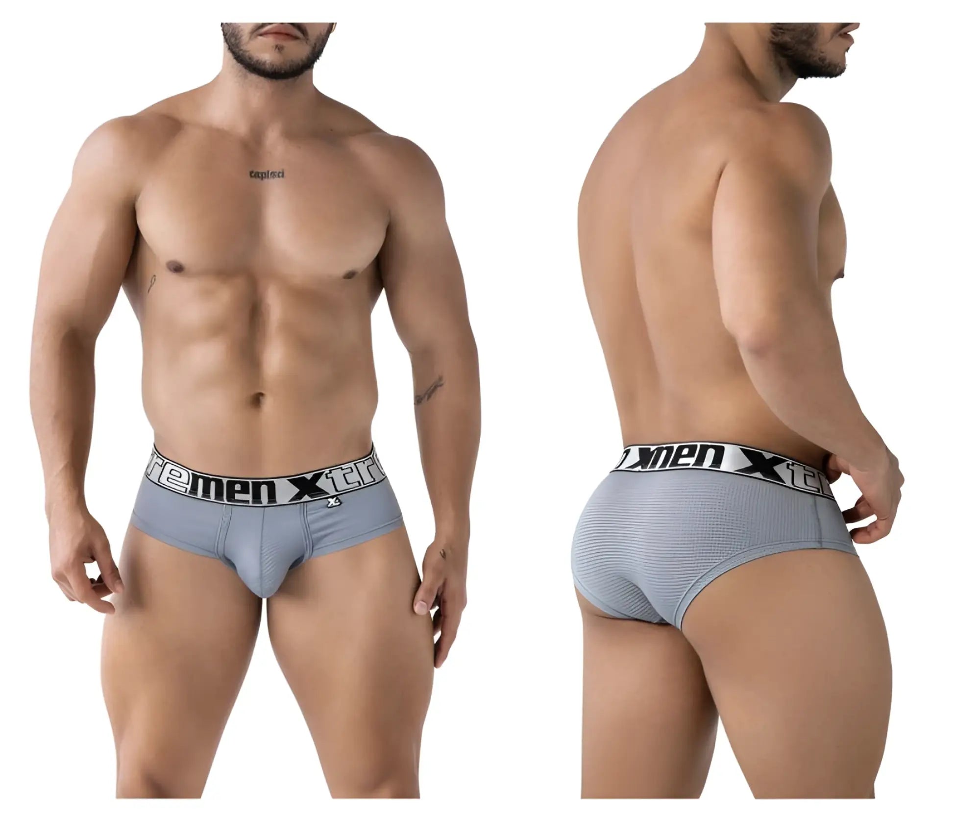 Gray xtremen 91221 microfiber briefs with white elastic waistband featuring black xtreme men logo