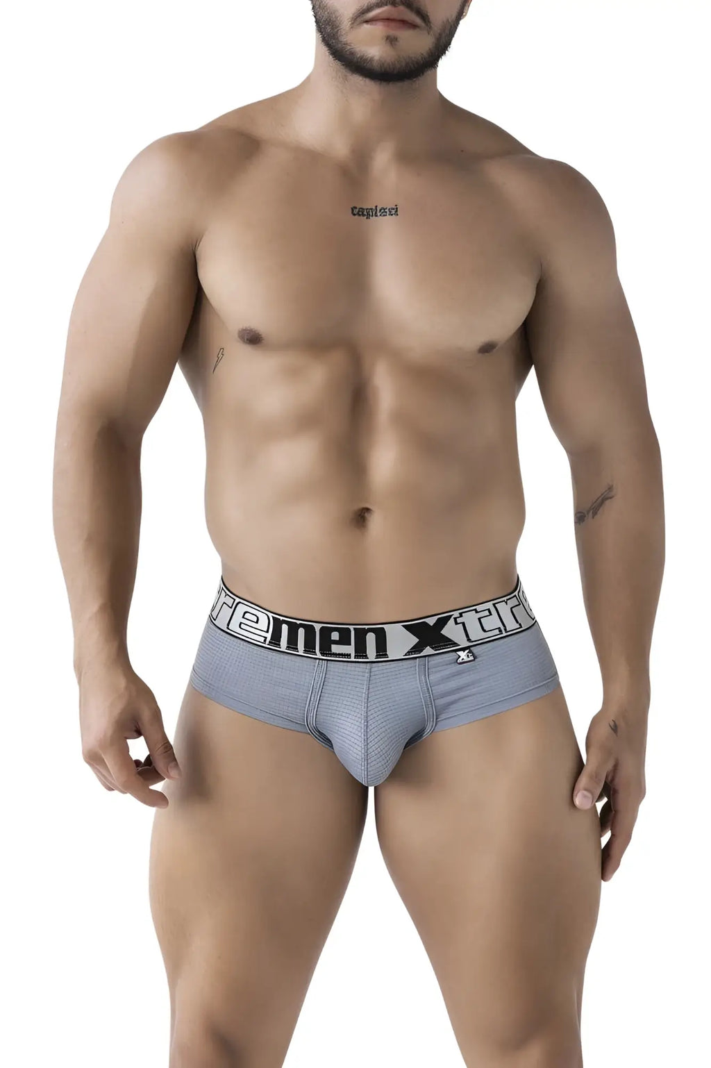 Gray textured xtremen 91221 microfiber briefs for men with black and white branded waistband front view