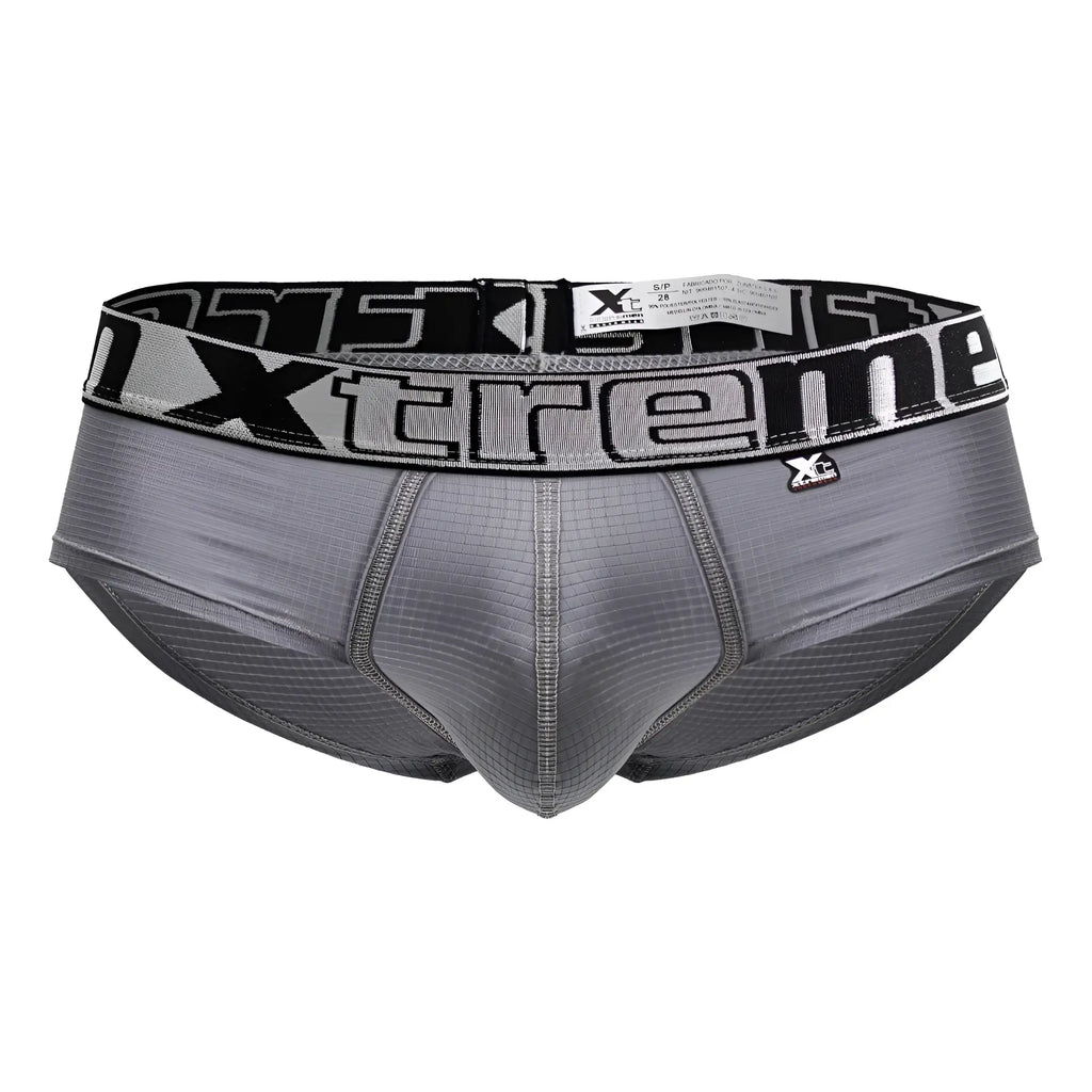 Gray xtreme microfiber briefs with a black and white patterned waistband model xtremen 91221 front view