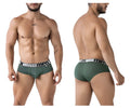 Olive green textured microfiber men’s briefs with black and white xtreme men waistband branding front view
