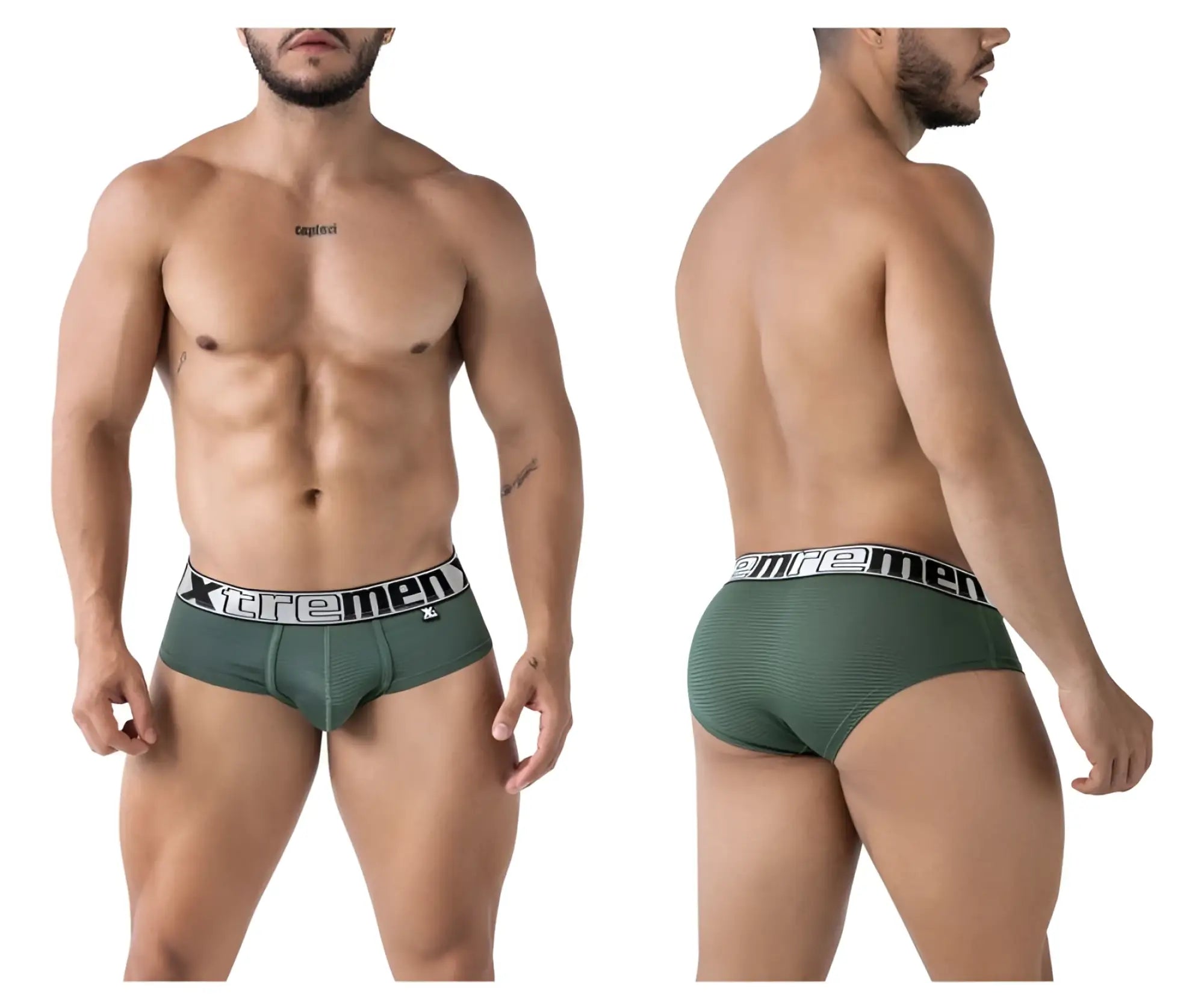 Olive green textured microfiber men’s briefs with black and white xtreme men waistband branding front view
