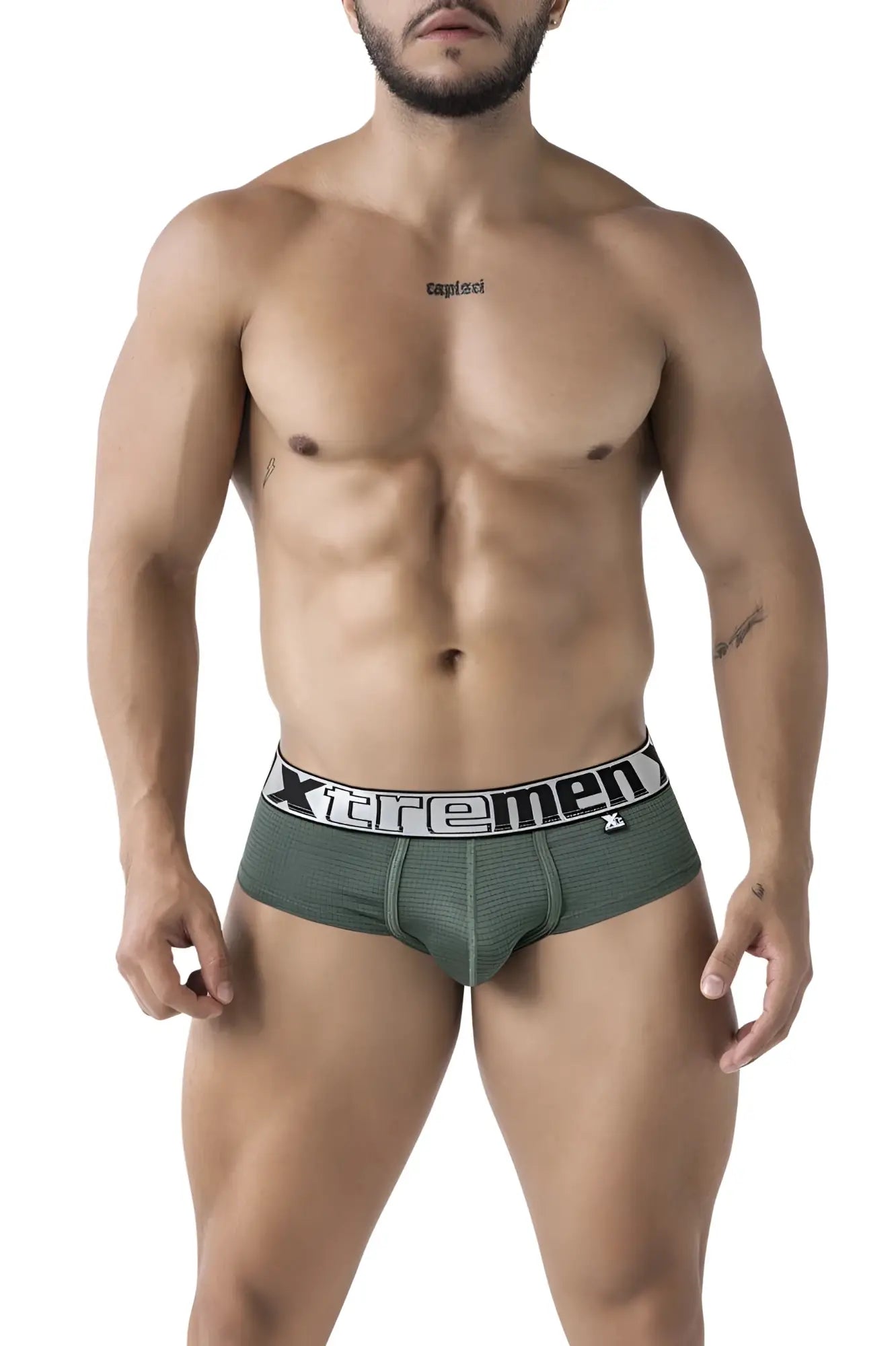 Olive green xtremen 91221 microfiber men’s briefs with white elastic waistband featuring brand logo