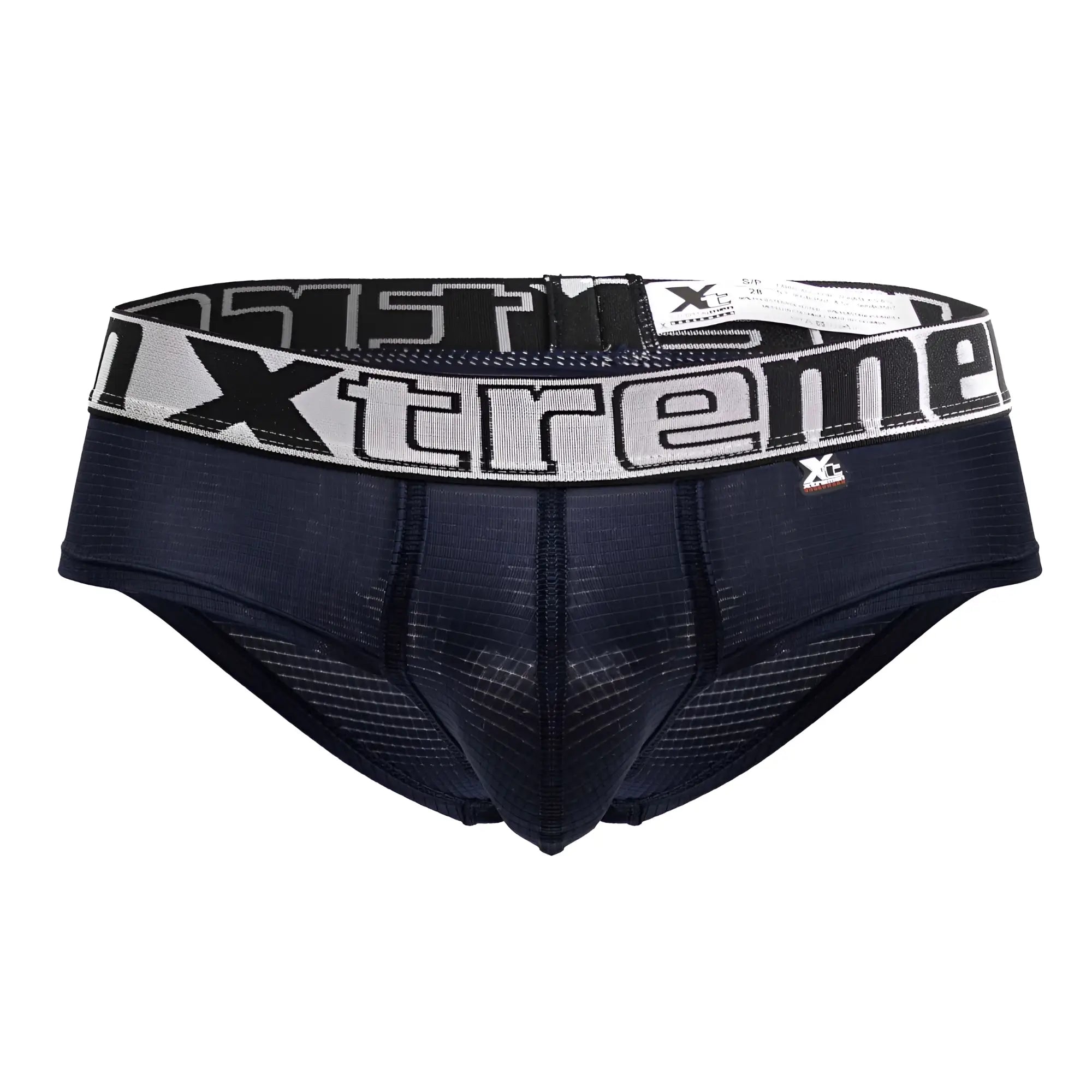 Black xtreme microfiber briefs with gray and black elastic waistband featuring bold xtreme logo in navy color