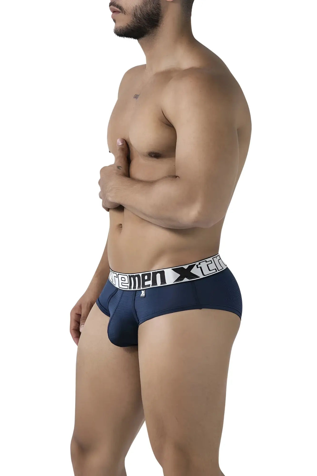 Navy microfiber men’s briefs with a white elastic waistband featuring the Xtremen x logo in black lettering