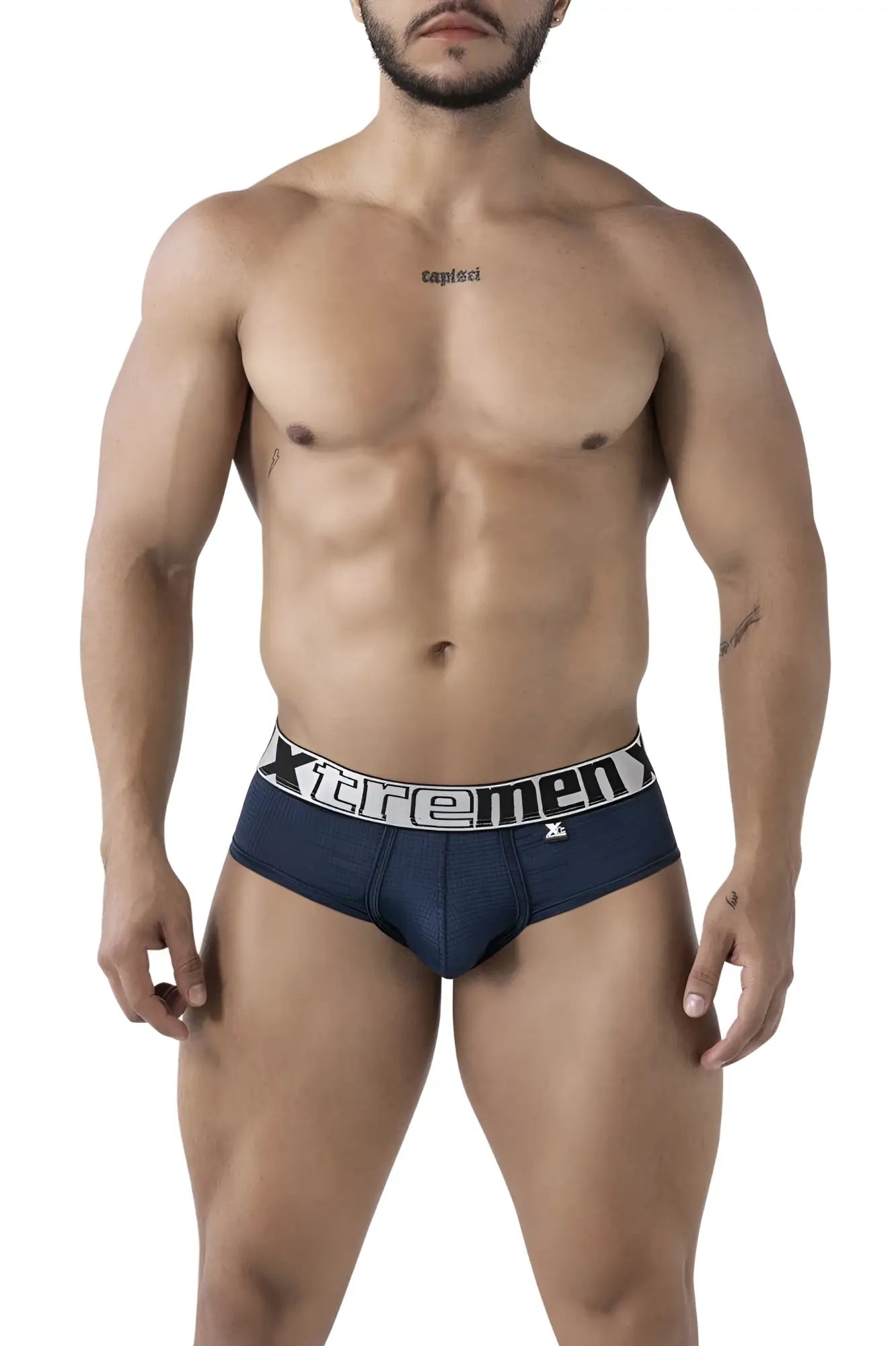 Navy xtremen 91221 microfiber briefs with a white elastic waistband and bold black brand lettering