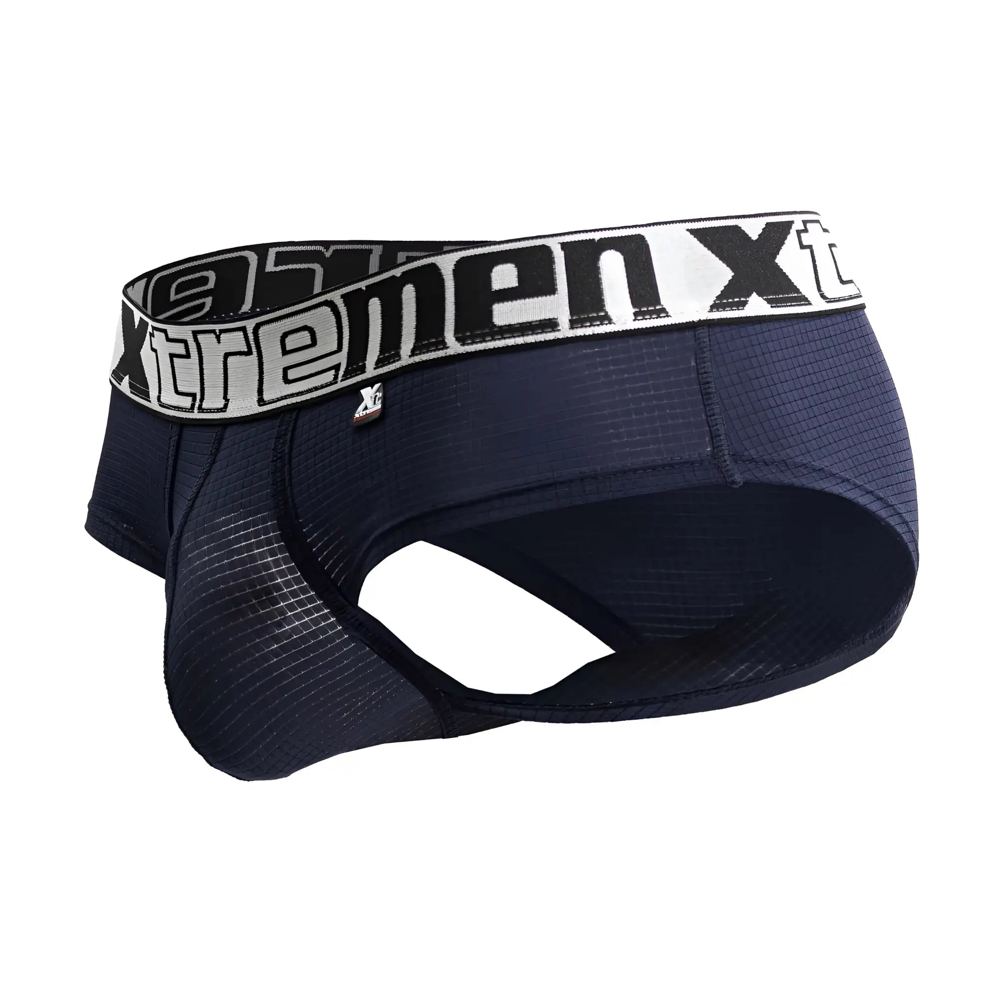 Navy xtremenxt men’s athletic briefs with textured microfiber fabric and white elastic waistband with brand logo