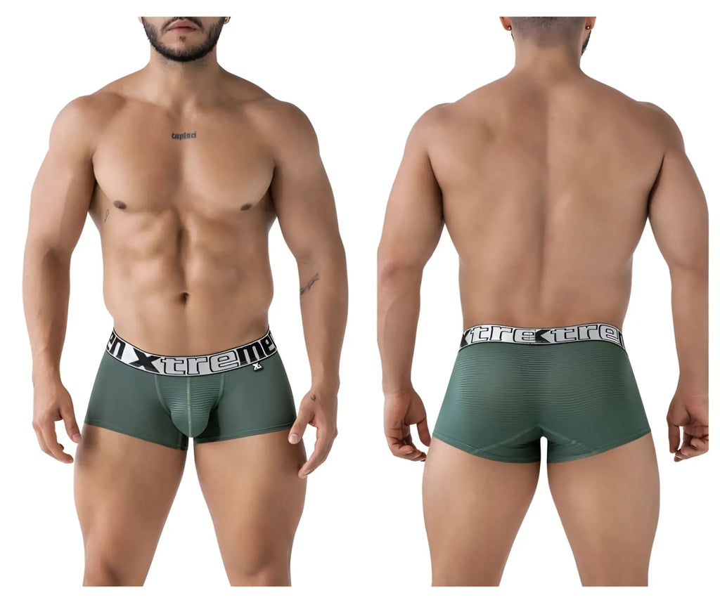 Dark green xtremen 91222 microfiber trunks with textured fabric and white xtreme logo waistband, form-fitting boxer briefs