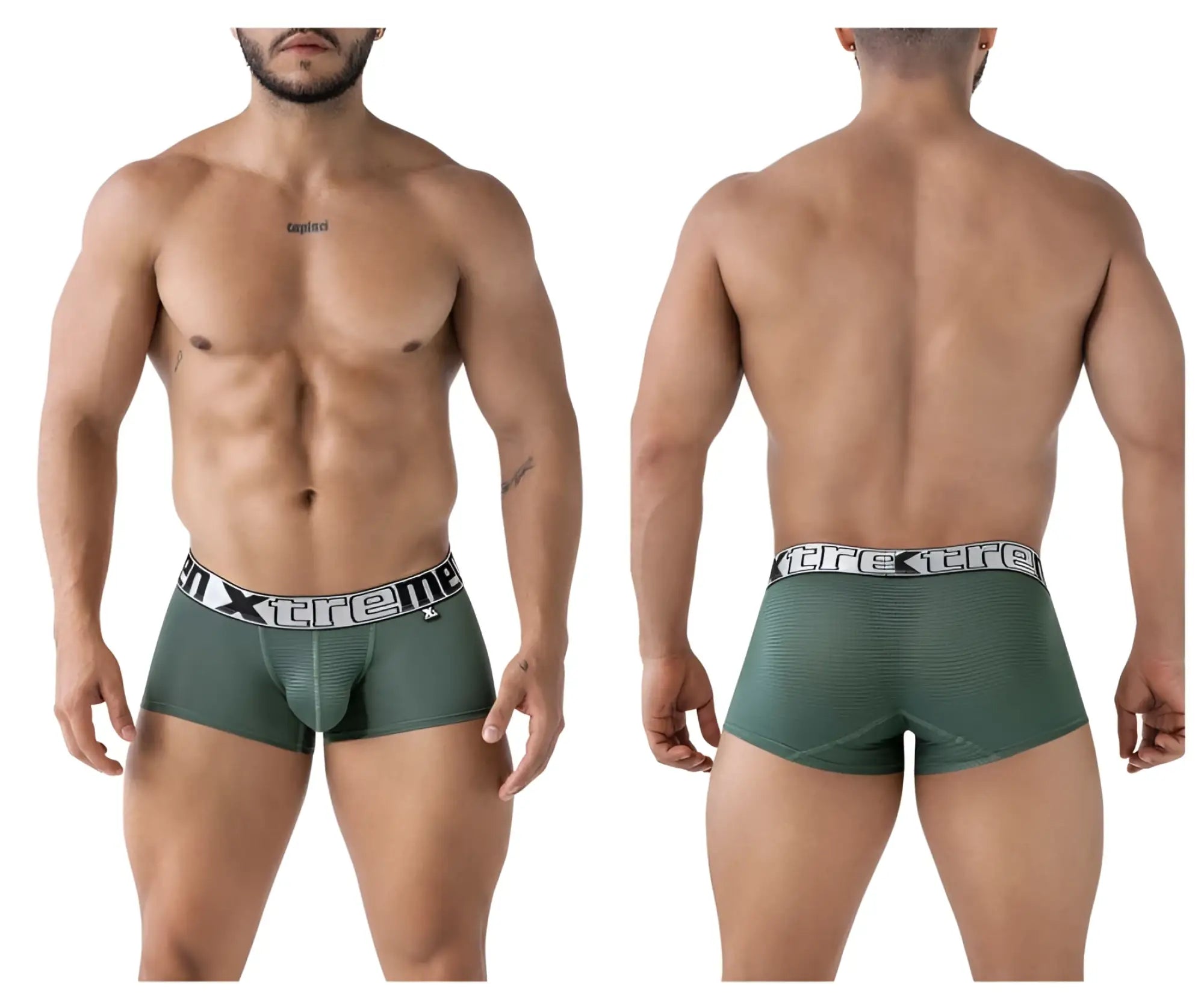 Dark green xtremen 91222 microfiber trunks with textured fabric and white xtreme logo waistband, form-fitting boxer briefs