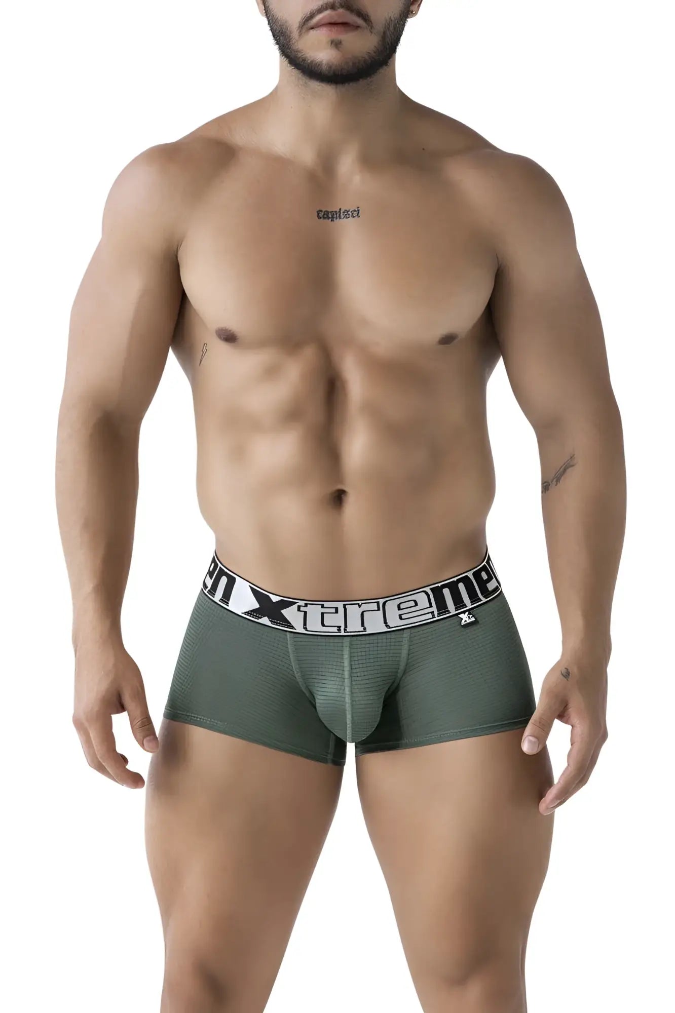 Olive green xtremen 91222 microfiber men’s boxer briefs with white elastic waistband featuring xtreme logo