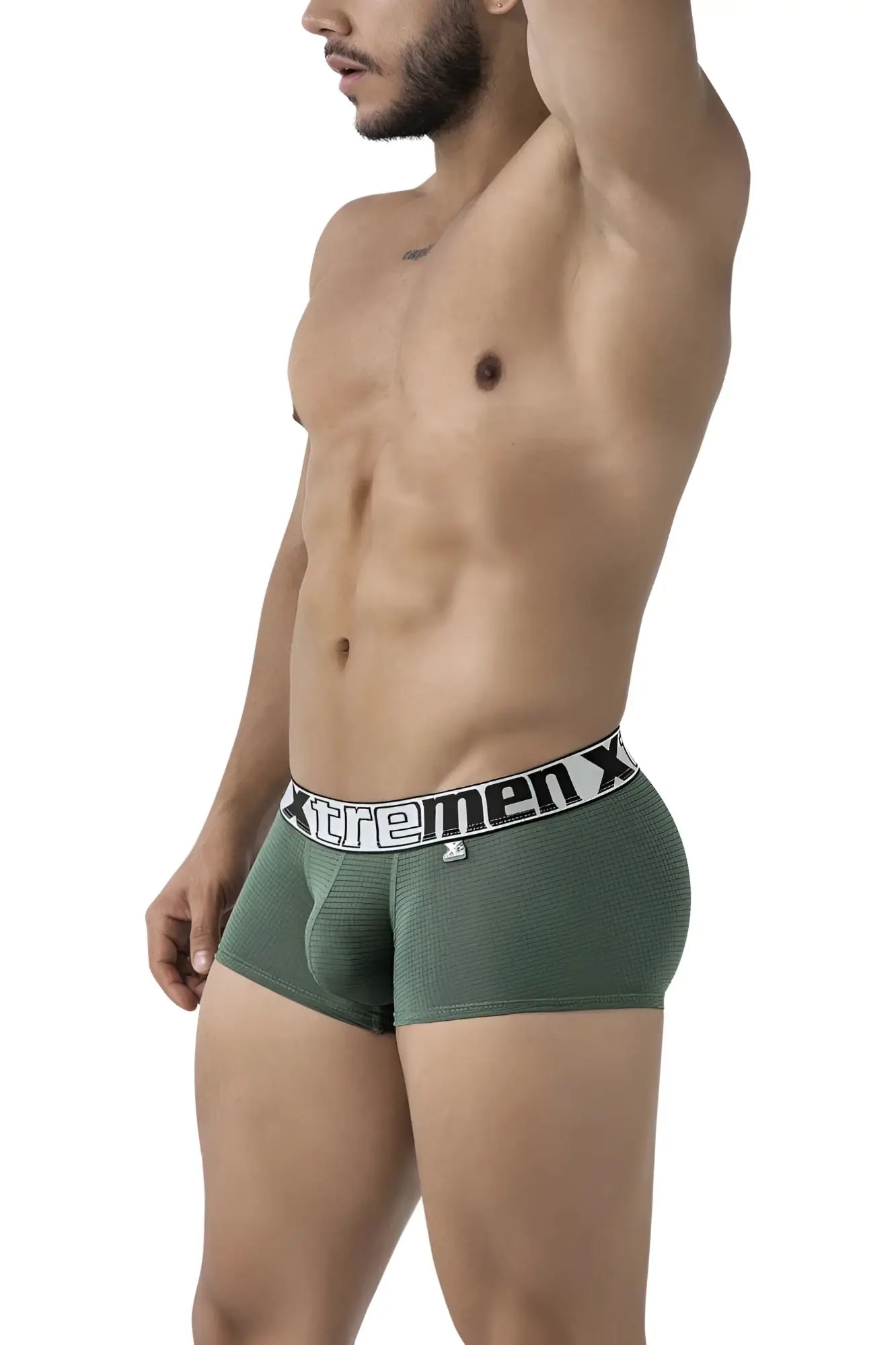 Olive green textured microfiber men’s boxer briefs with black and white xtremen x elastic waistband color green