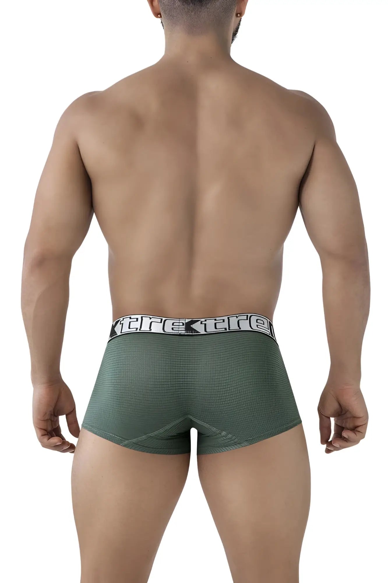 Olive green microfiber xtremen 91222 trunks with textured fabric and white elastic waistband featuring xtrex logo