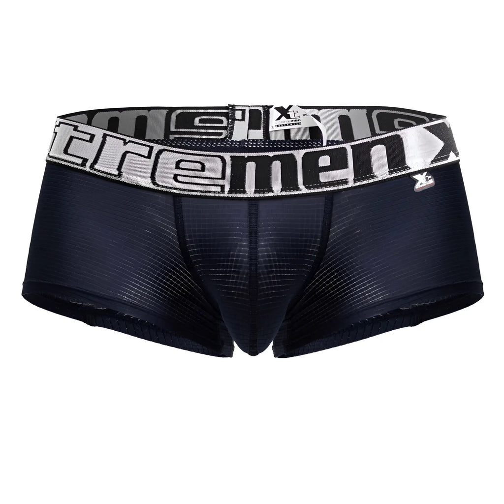 Navy xtremen 91222 microfiber trunks for men with textured mesh fabric and a wide waistband with bold white extreme lettering