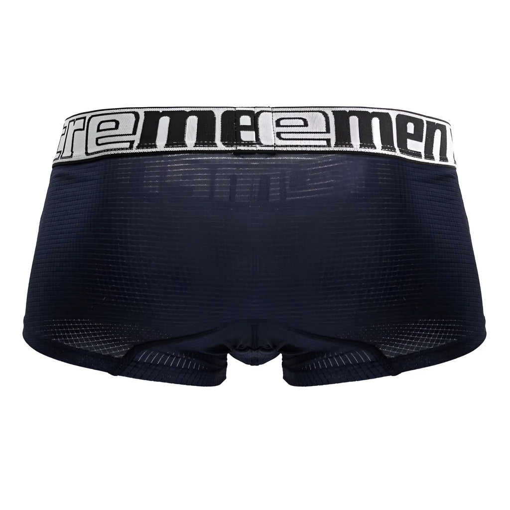 Black supreme men’s boxer briefs with white waistband and bold black branding in navy microfiber trunks style
