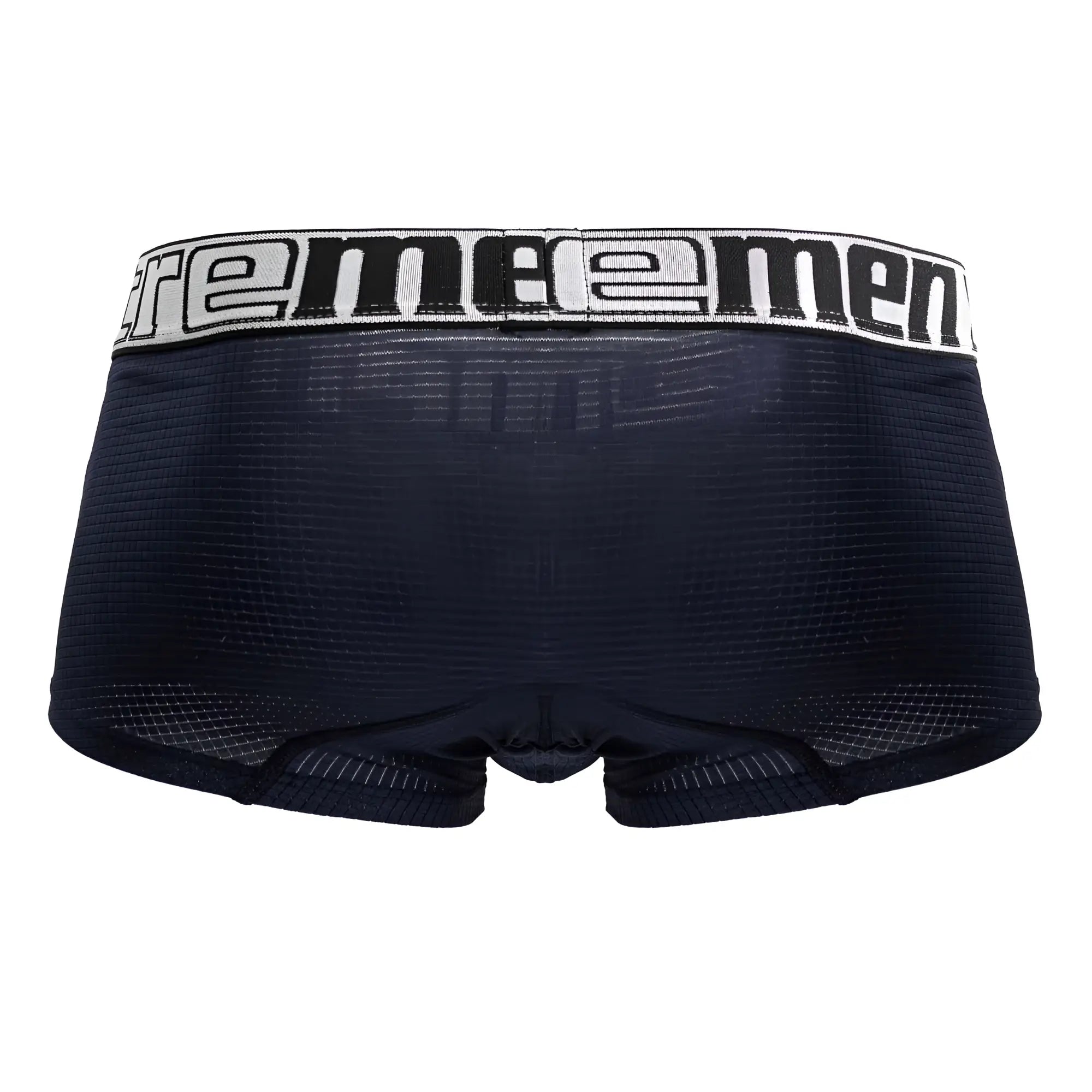 Black supreme men’s boxer briefs with white waistband and bold black branding in navy microfiber trunks style
