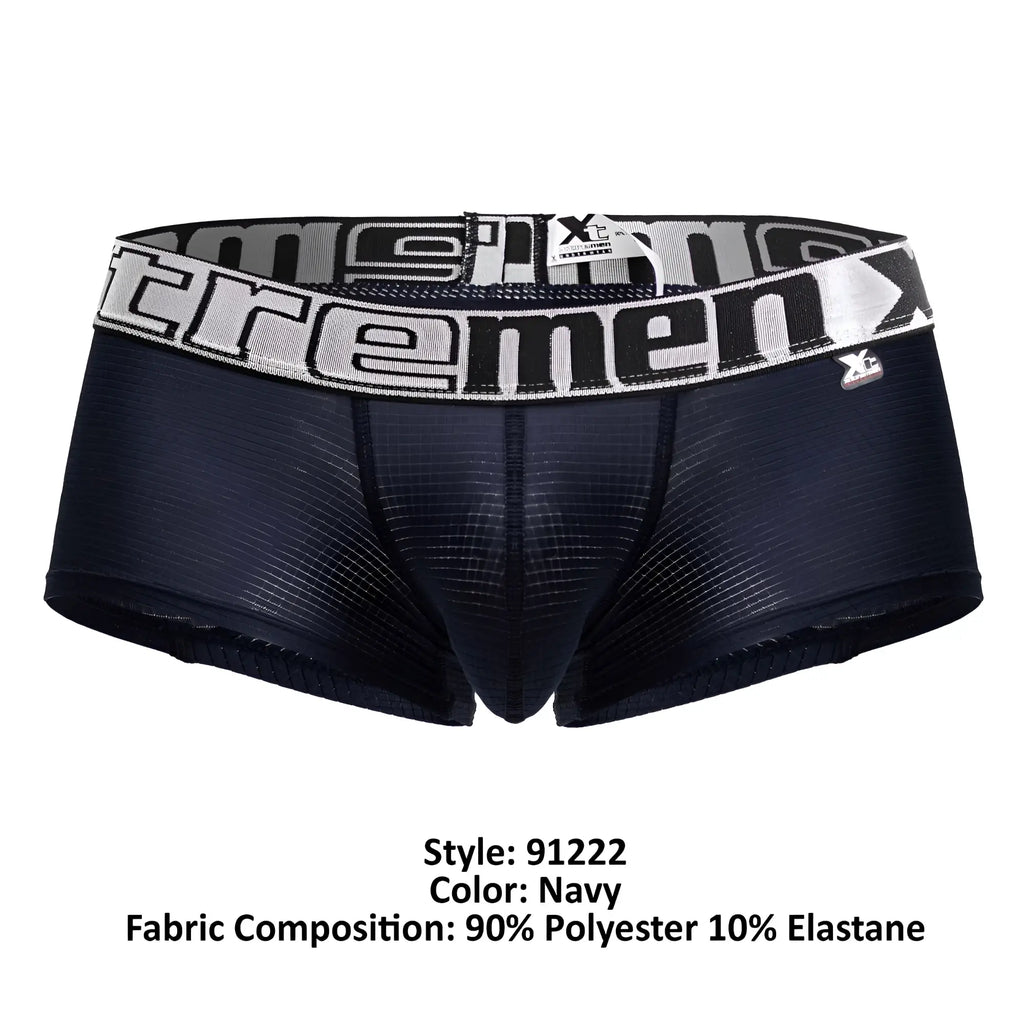 Navy microfiber men’s boxer briefs with a black and white patterned waistband featuring the extreme brand logo