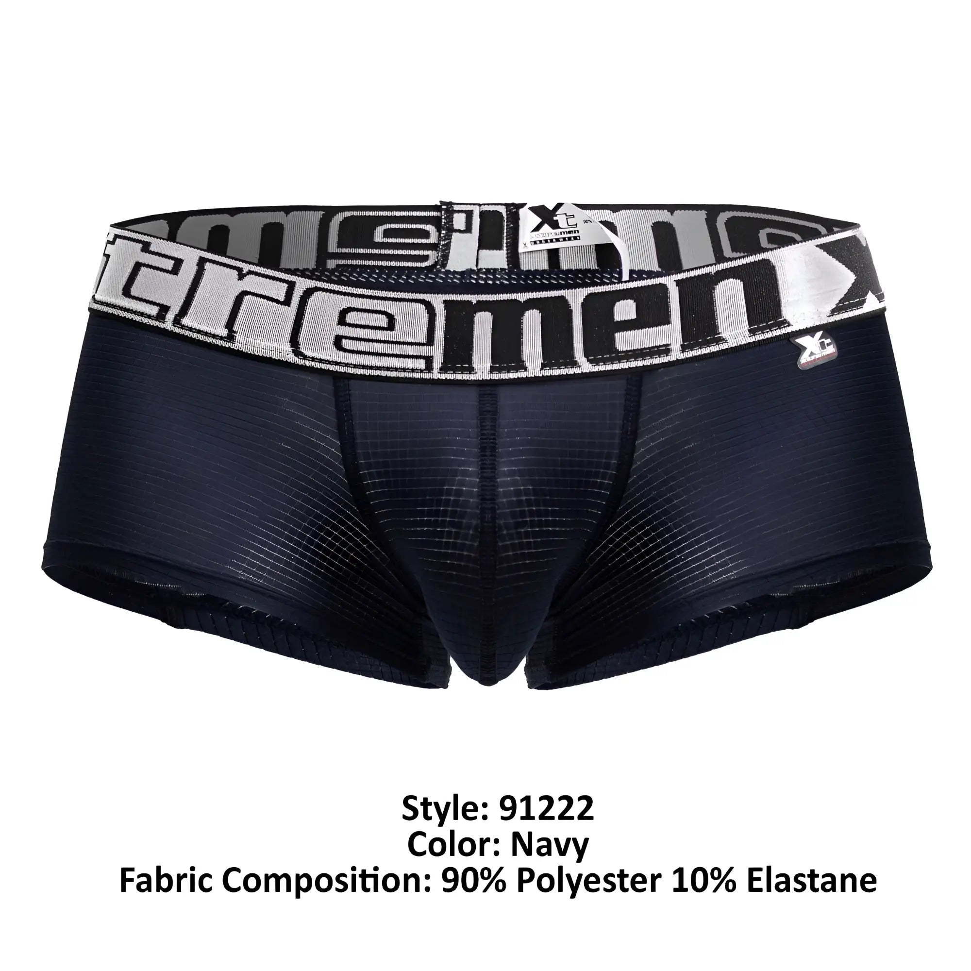 Navy microfiber men’s boxer briefs with a black and white patterned waistband featuring the extreme brand logo