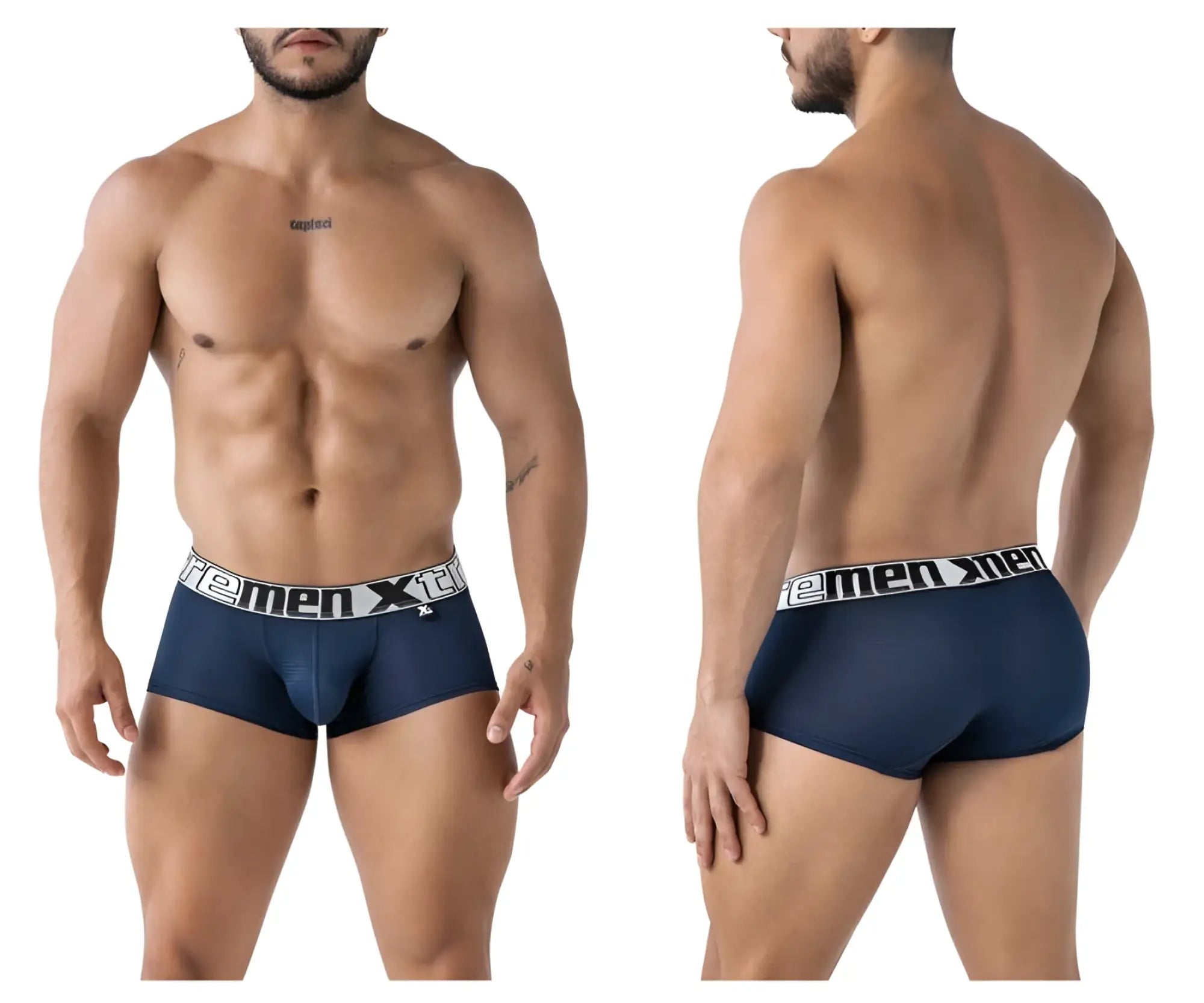 Navy blue xtremen 91222 microfiber trunks with white elastic waistband and premen xt logo in black lettering