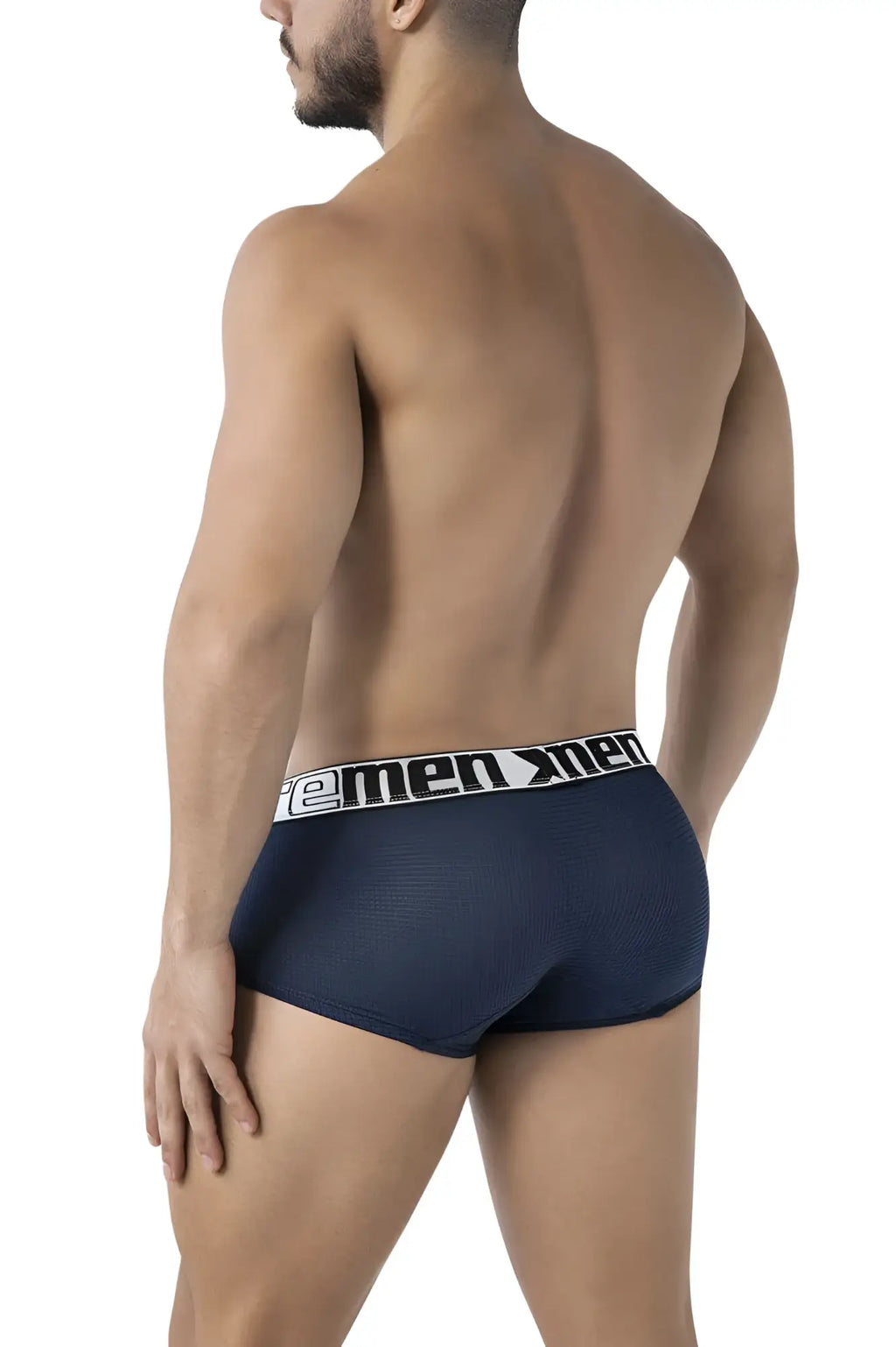 Navy xtremen 91222 microfiber men’s briefs with a white elastic waistband featuring the men x men logo in black text