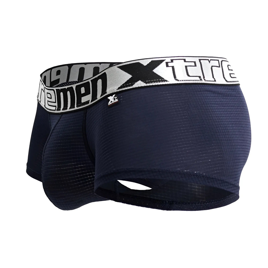 Navy blue textured men’s microfiber boxer briefs with a white and black xtreme logo elastic waistband
