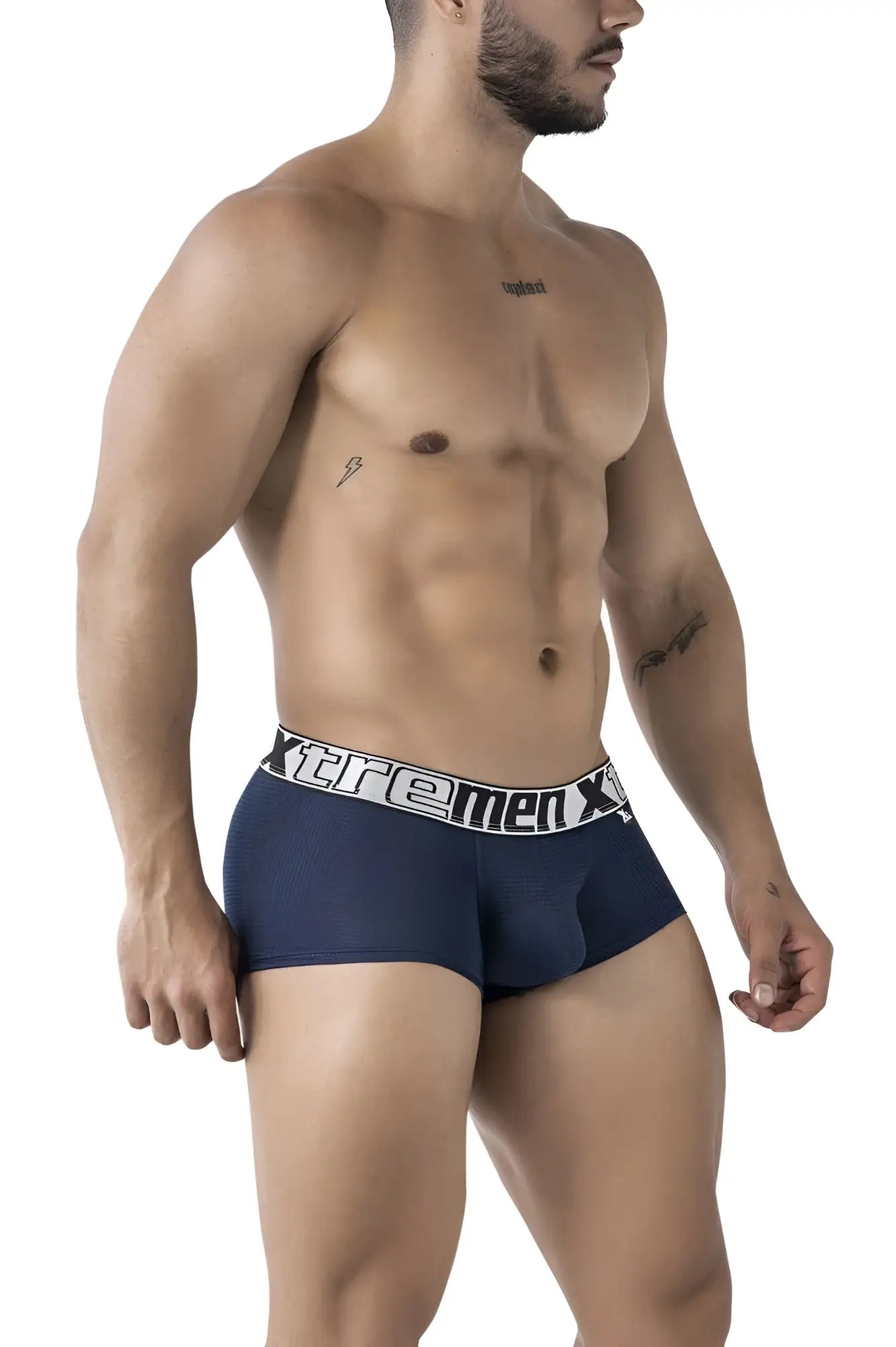 Navy xtremen 91222 microfiber boxer briefs with white elastic waistband and black brand logo lettering visible from front