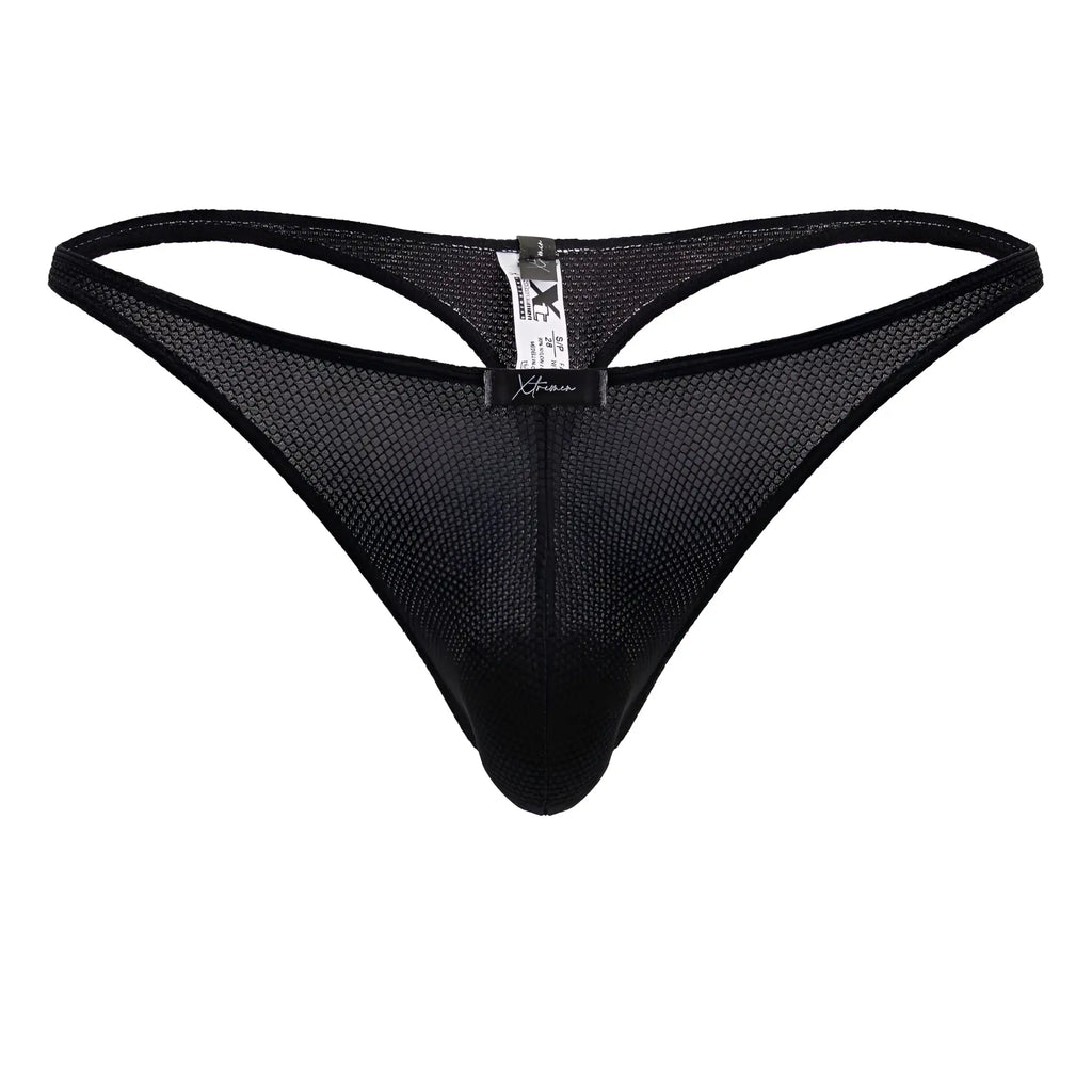 Black mesh Xtremen 91223 microfiber thong with sleek form-fitting design and branded tag visible on the back side