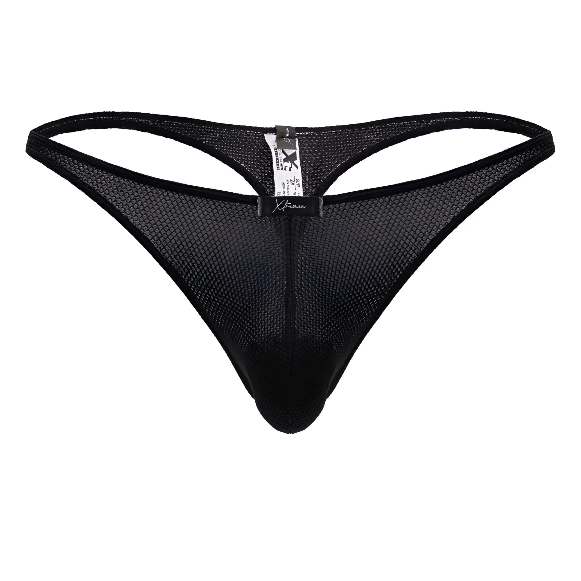 Black mesh Xtremen 91223 microfiber thong with sleek form-fitting design and branded tag visible on the back side