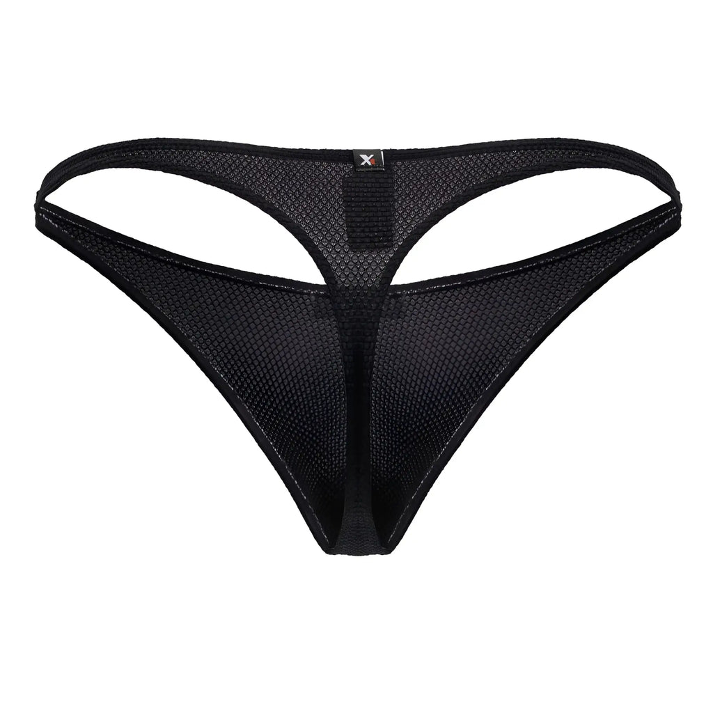 Black Xtremen 91223 microfiber thong with subtle textured mesh pattern and reinforced elastic bands visible from the back