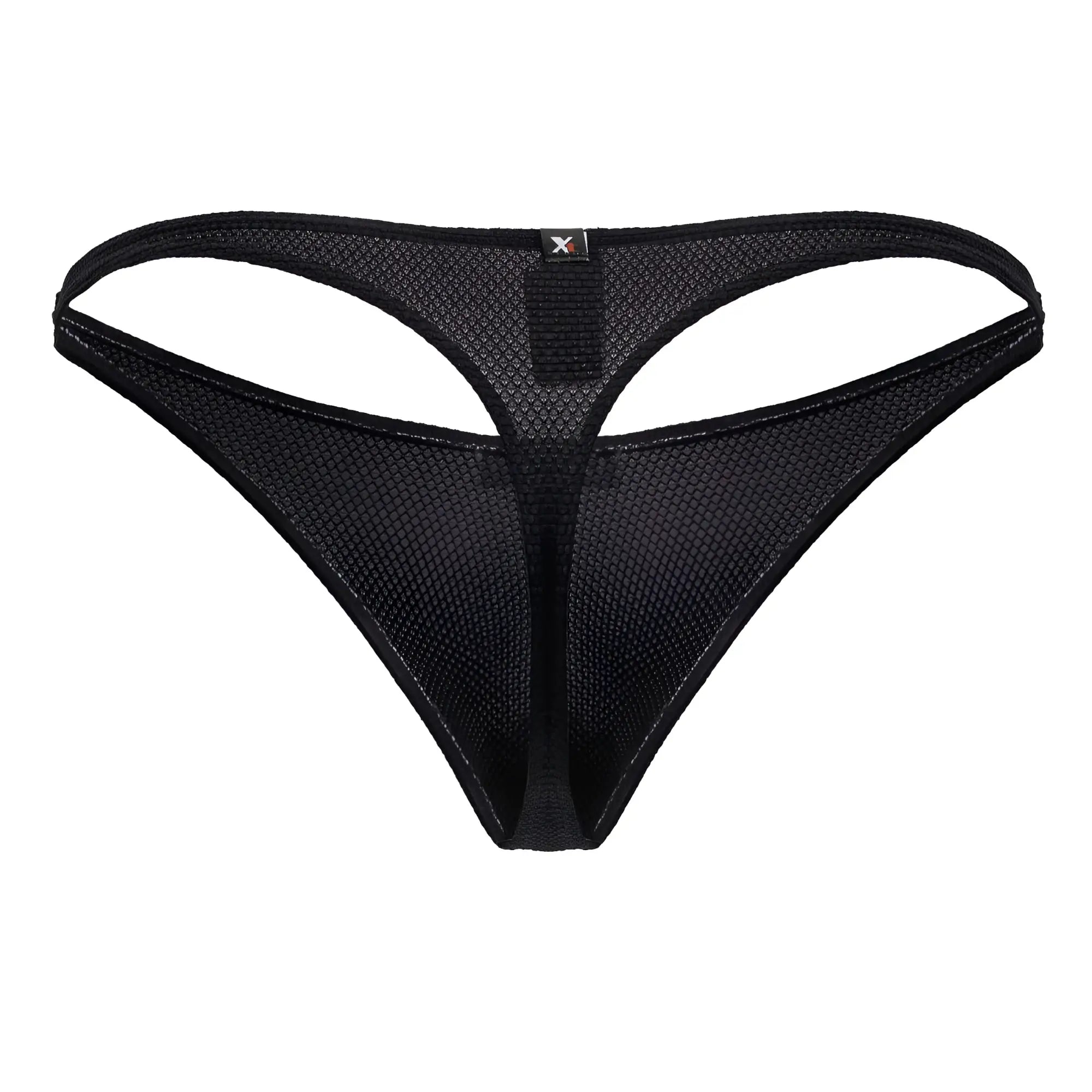 Black Xtremen 91223 microfiber thong with subtle textured mesh pattern and reinforced elastic bands visible from the back