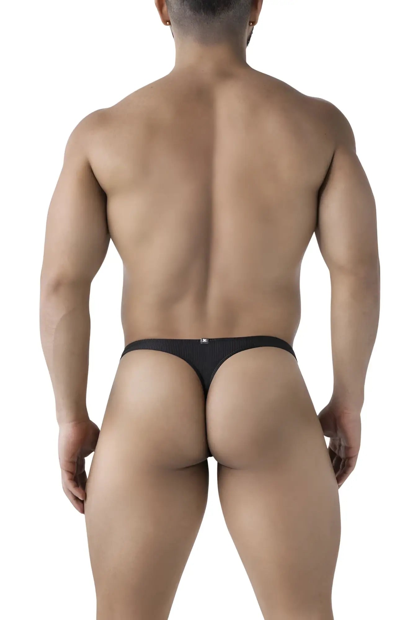 Black ribbed microfiber thong with small logo on waistband from Xtremen 91223 showing back side