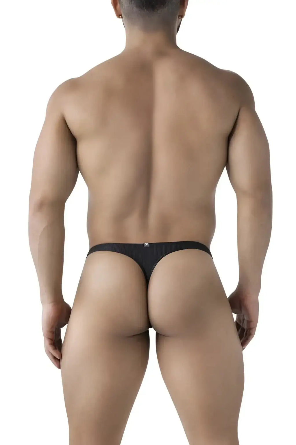 Black ribbed microfiber thong with small logo on waistband from Xtremen 91223 showing back side