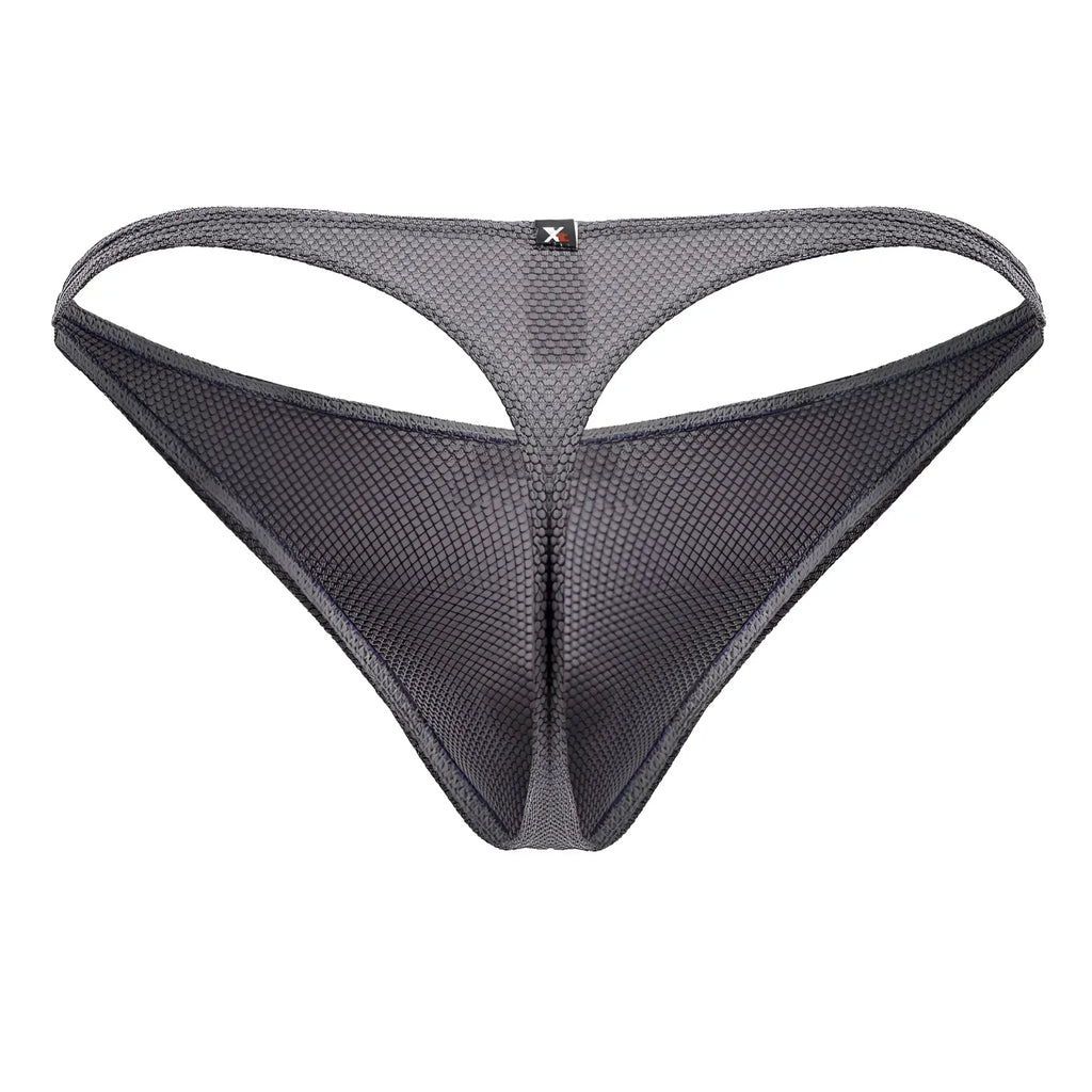 Dark gray Xtremen 91223 microfiber thong with mesh texture and small black logo tag at waistband center