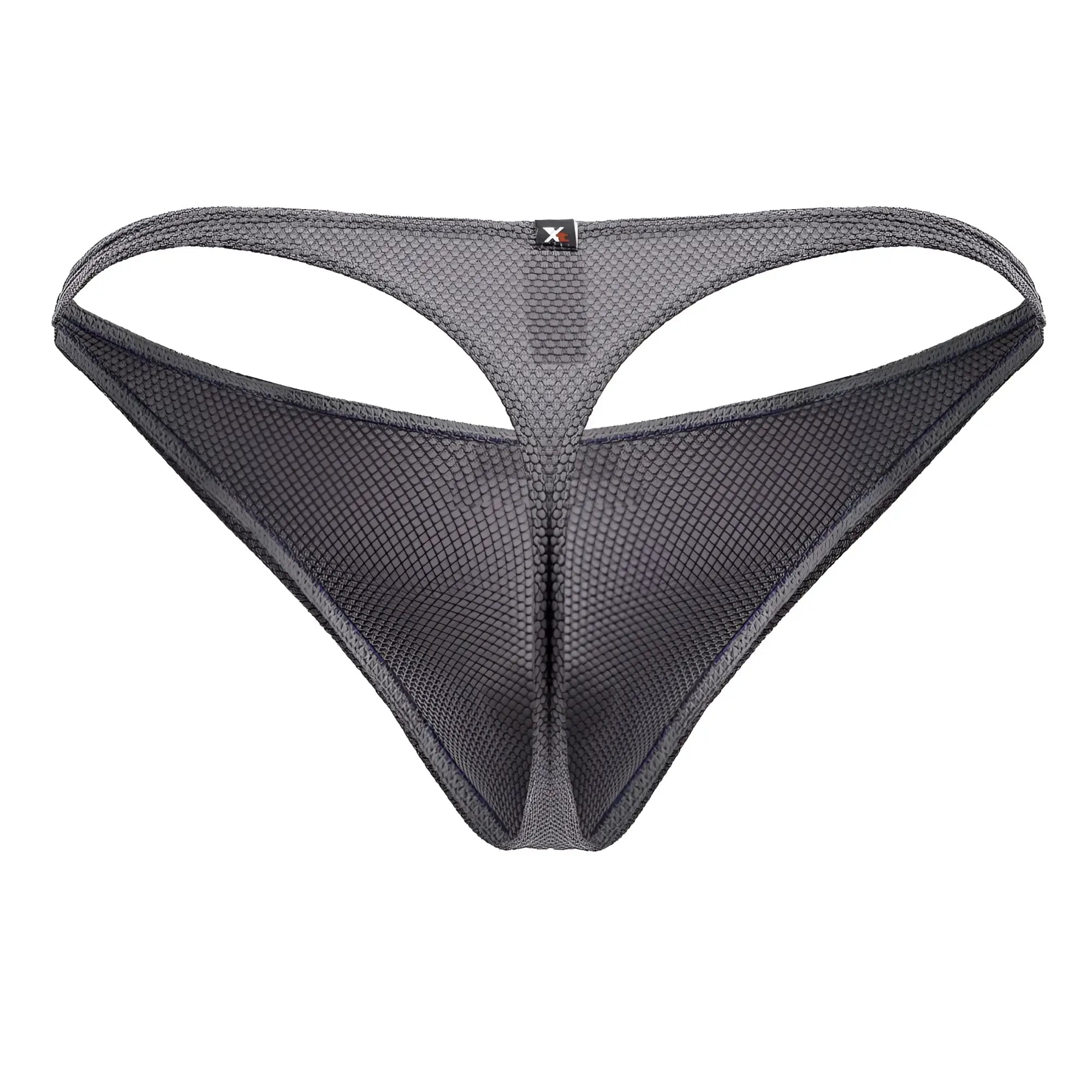 Dark gray Xtremen 91223 microfiber thong with mesh texture and small black logo tag at waistband center