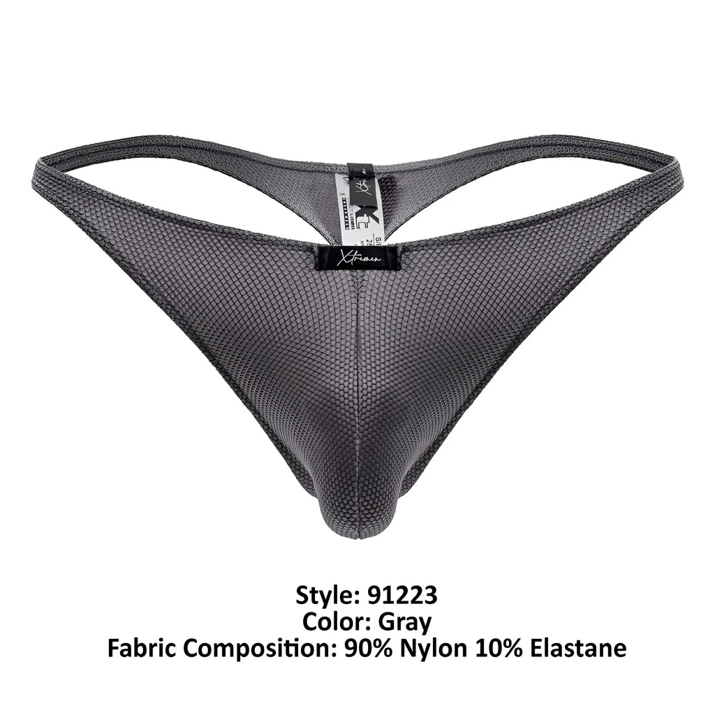Gray mesh microfiber thong with subtle textured pattern and reinforced waistband featuring xtreme brand label