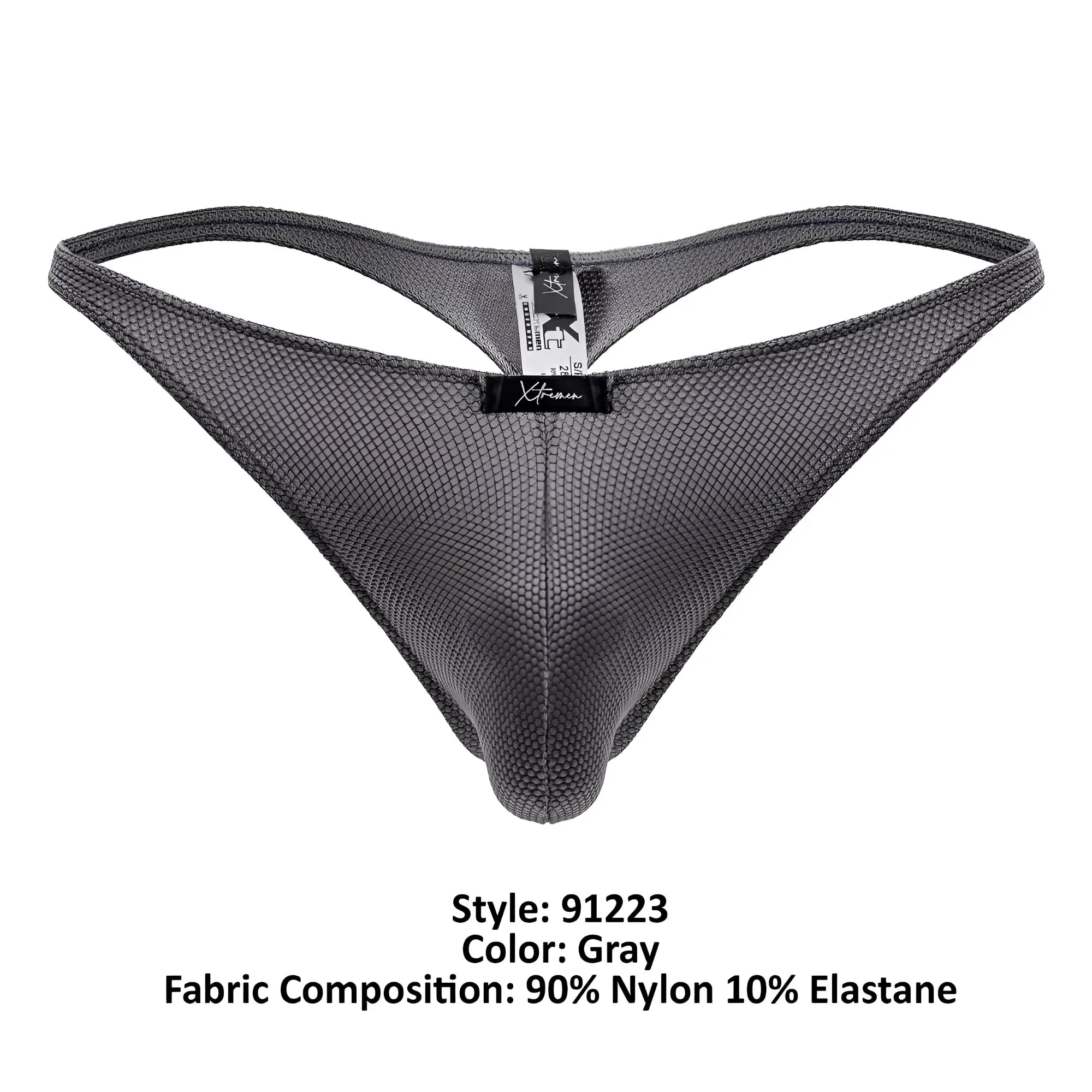 Gray mesh microfiber thong with subtle textured pattern and reinforced waistband featuring xtreme brand label