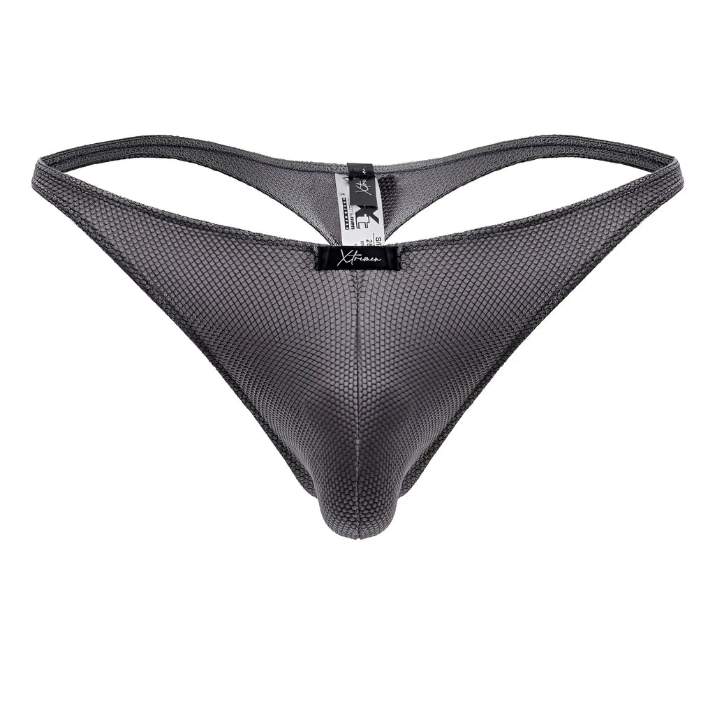 Gray xtremen 91223 microfiber thong with textured breathable mesh fabric and black brand tag at center front