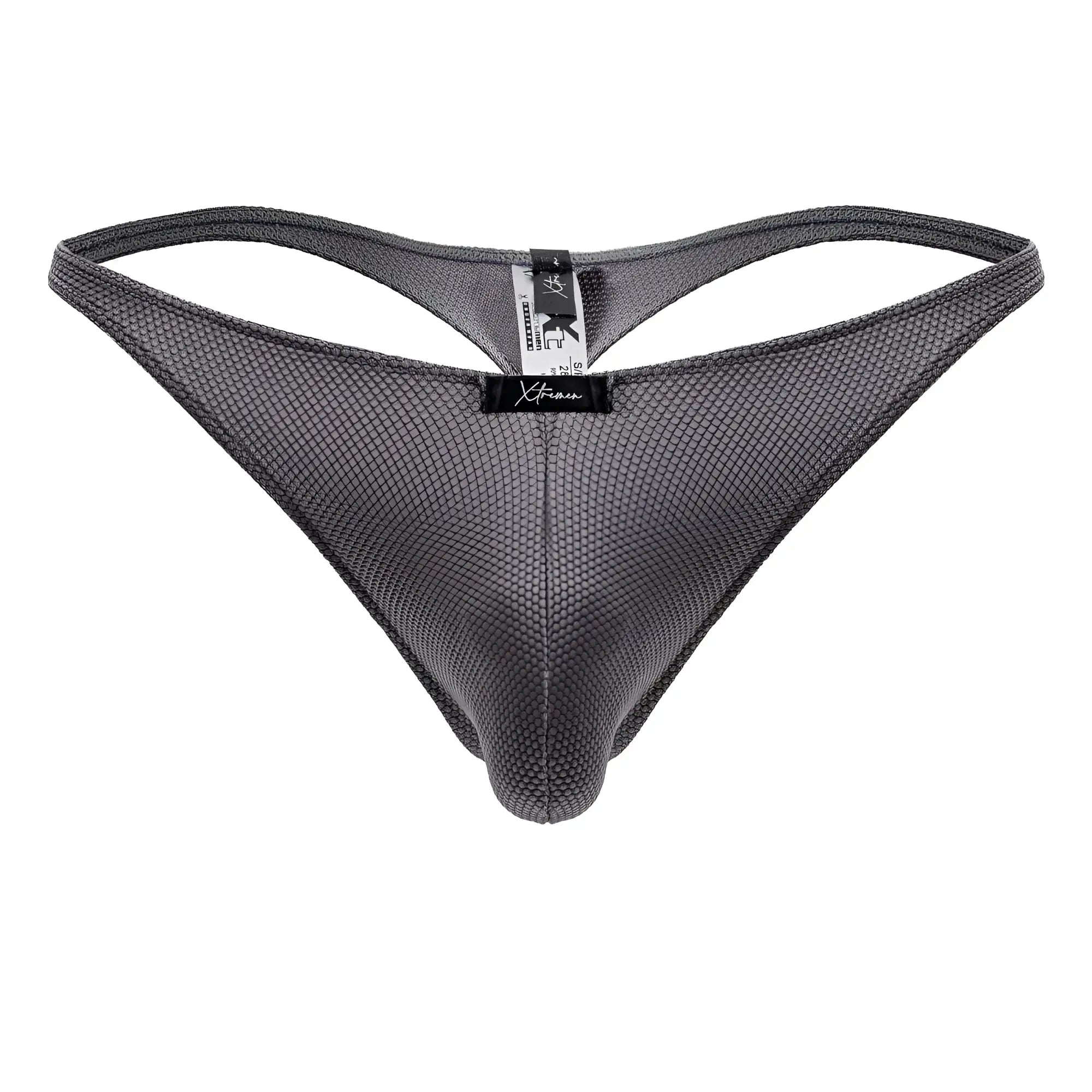 Gray xtremen 91223 microfiber thong with textured breathable mesh fabric and black brand tag at center front