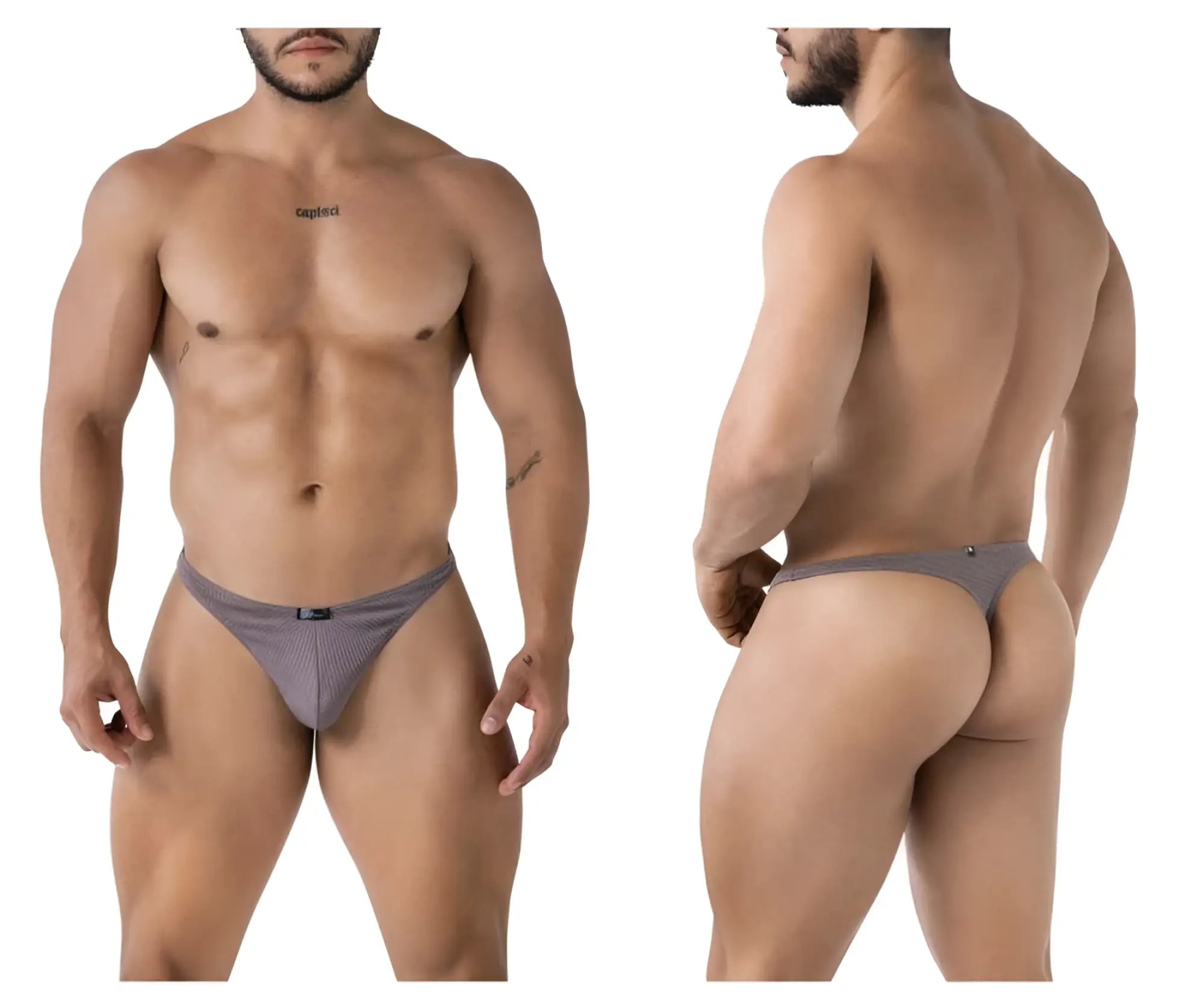 Xtremen 91223 microfiber thongs in gray with a subtle textured design and gray patterned briefs shown from the back side