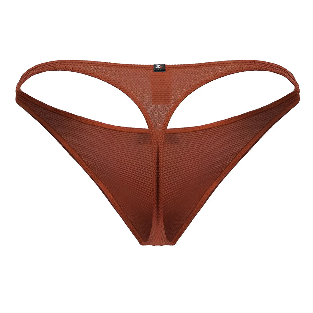 Brown mesh thong in red microfiber with textured breathable fabric and central seam xtremen 91223 micro thong